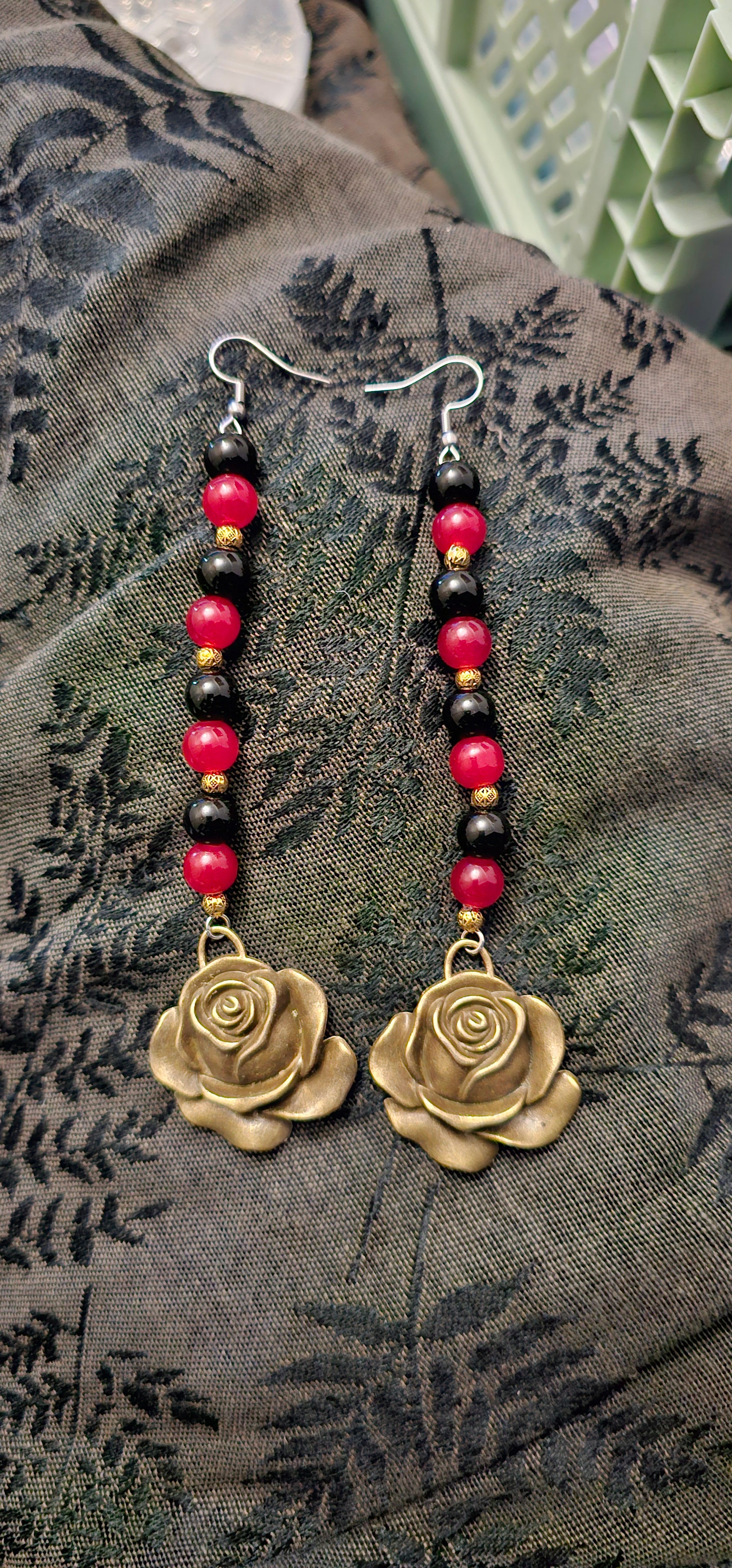 Handmade red and black gothic rose earrings with antique gold dangle, dark romantic jewellery Australia