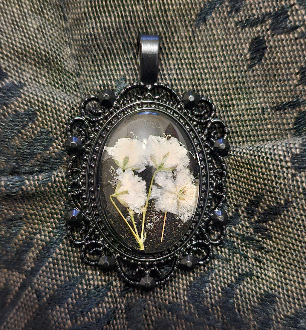 Black Gothic Oval Resin Pendant | Real Baby's Breath Flowers | Handmade Dark Romantic Jewellery