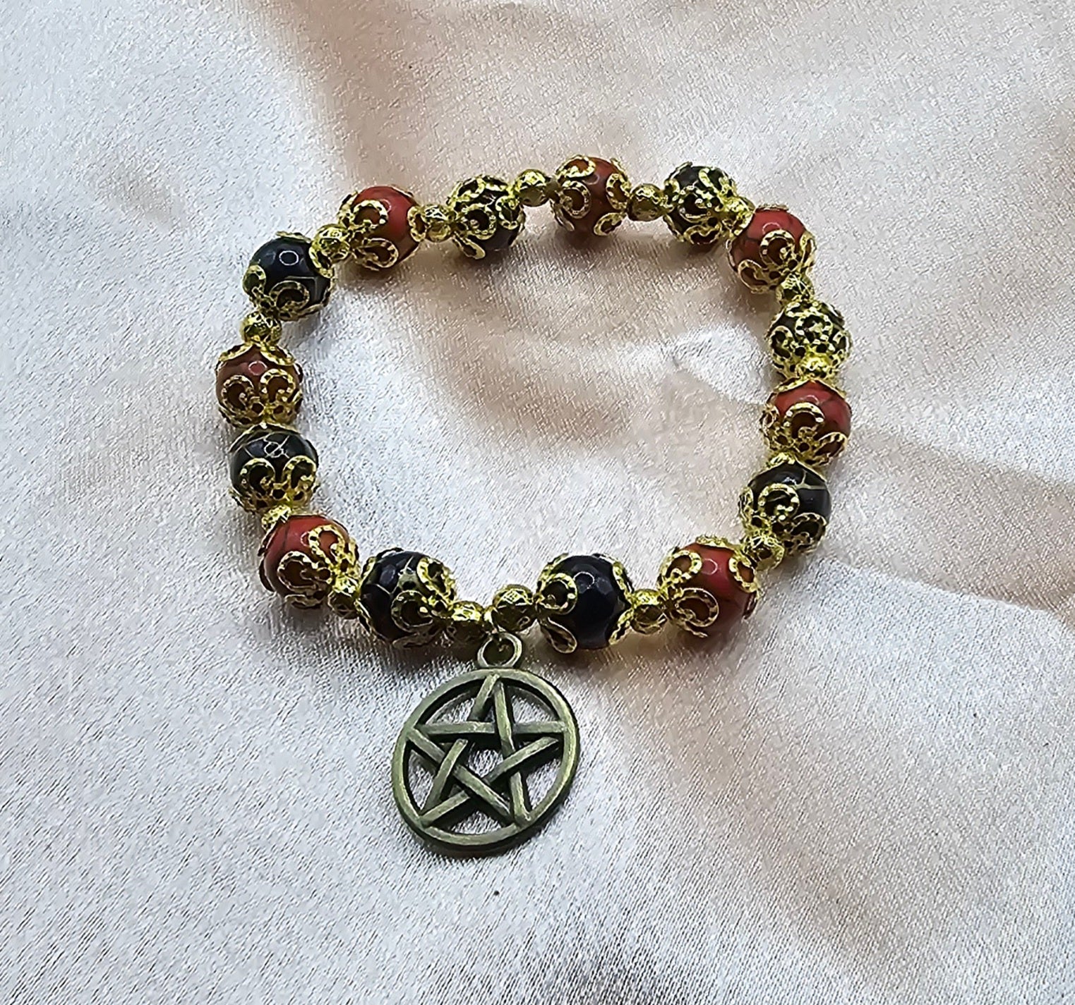 Red & Black Beaded Bracelet | Bronze Pentagram Charm | Handmade Witchy Gothic Jewellery Australia