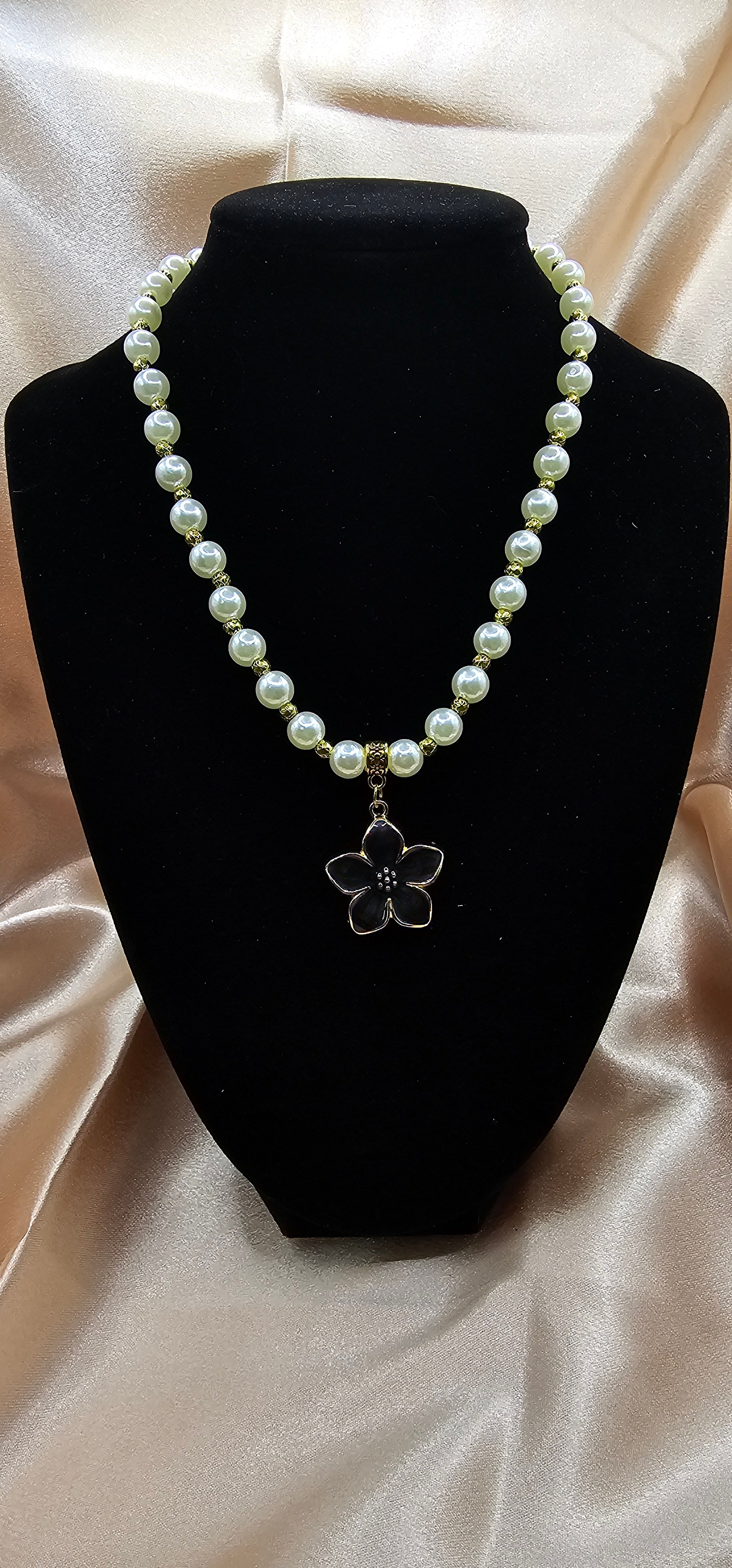 Handmade pearl and black flower pendant necklace, elegant gothic jewellery Australia