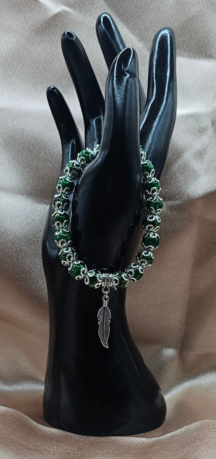 Green Marbled Beaded Bracelet | Silver Feather Charm & Filigree | Handmade Green Witch Jewellery Australia