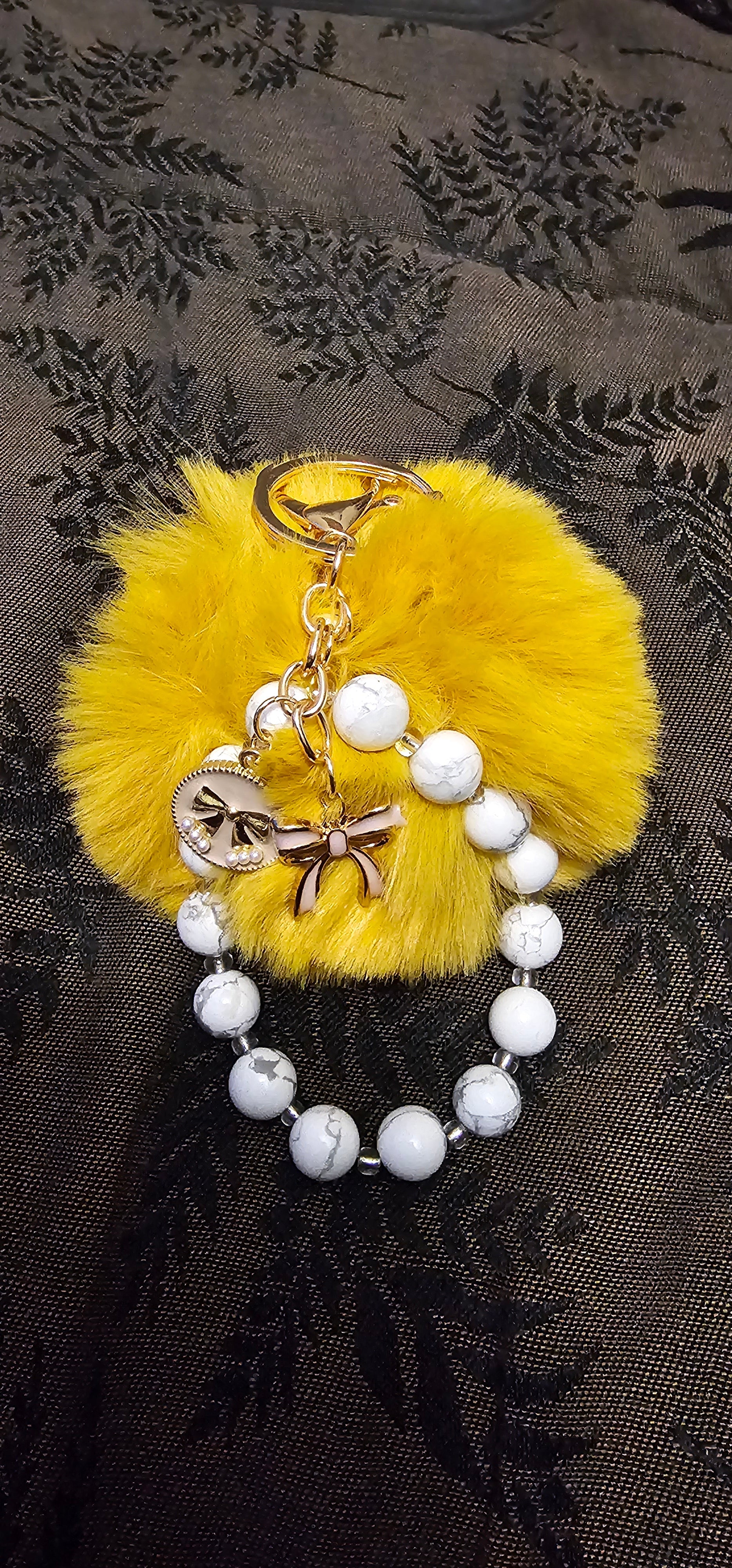 Yellow Pom Pom Keychain | White Howlite Beads & Gold Bow Charm | Handmade Coquette Accessory