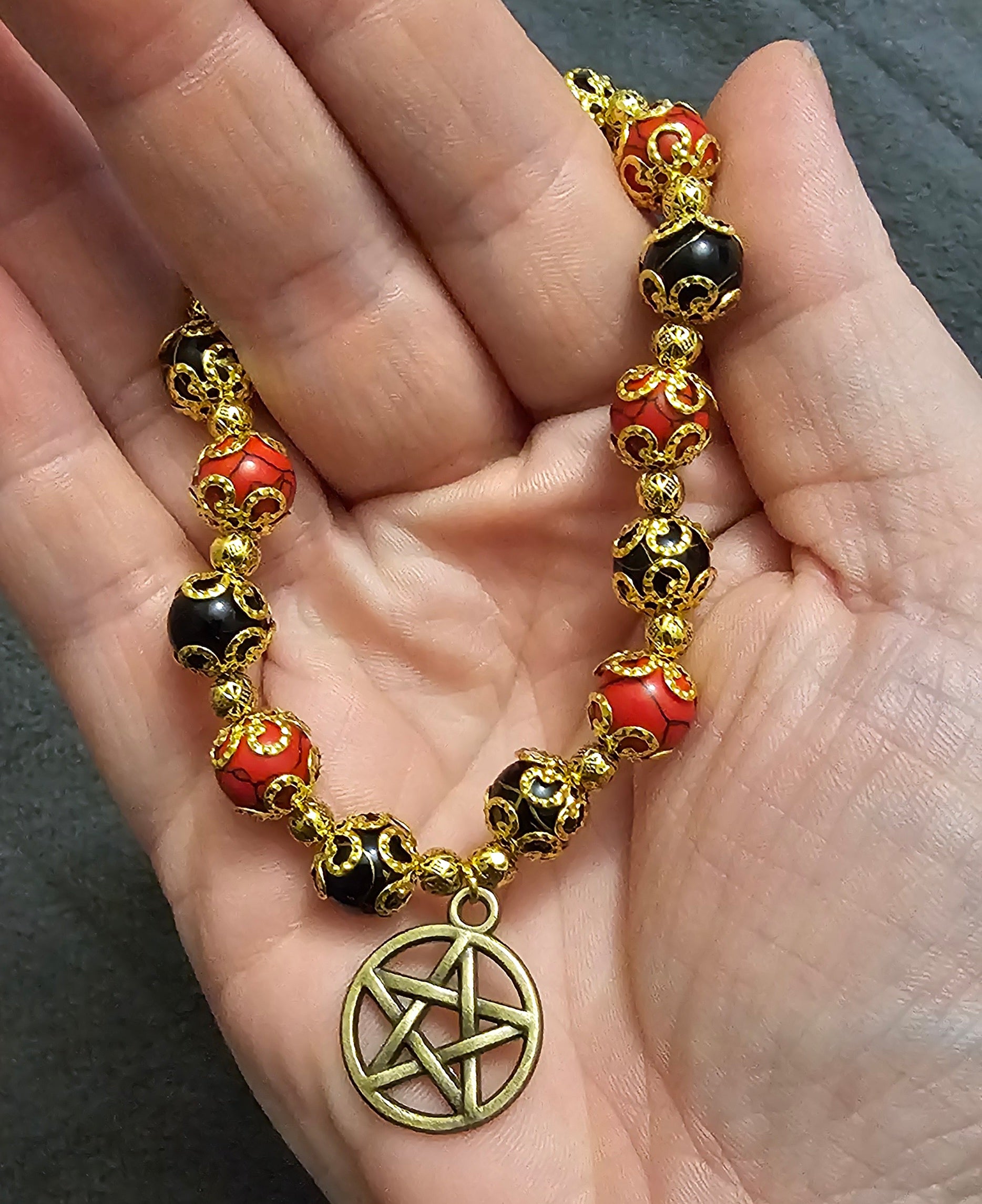 Red & Black Beaded Bracelet | Bronze Pentagram Charm | Handmade Witchy Gothic Jewellery Australia
