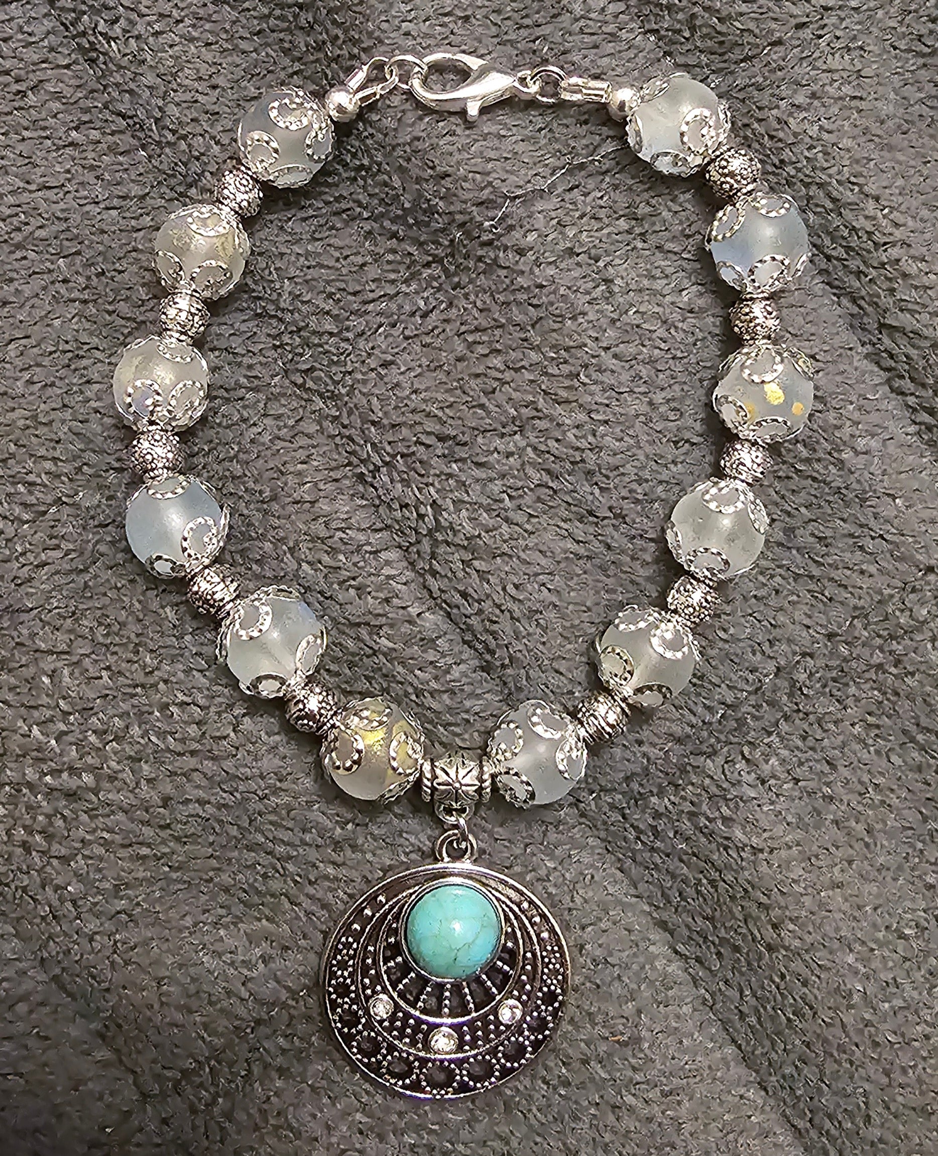 Turquoise Mandala Bracelet | Frosted Crystal Beads & Silver Detailing | Handmade Boho Spiritual Jewellery Australia