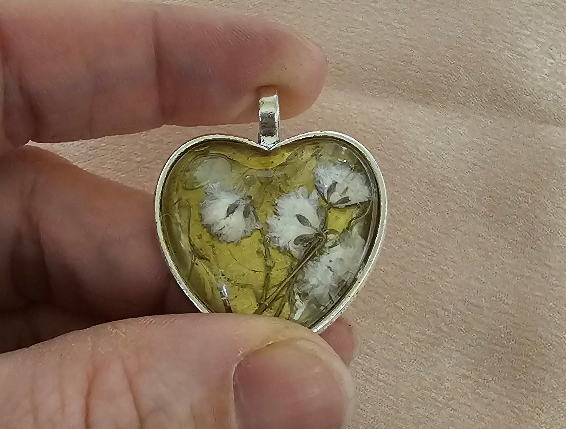 Real Baby's Breath Heart Resin Pendant | White Flowers on Golden Green | Silver Starburst Back | Handmade Cottagecore Jewellery