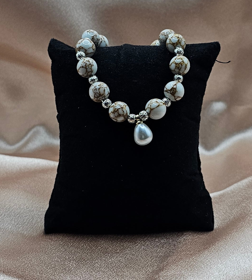 White Crackle Vein Bead Bracelet | Pearl Drop & Silver Filigree | Handmade Elegant Jewellery Australia