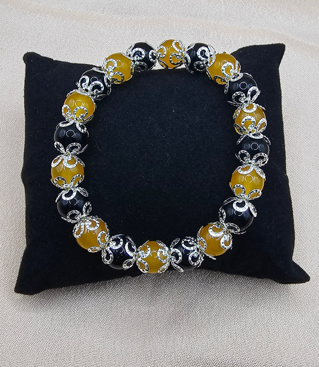 Black & Amber Silver Filigree Bracelet | Gothic Beaded Stretch Bracelet | Handmade Dark Jewellery Australia