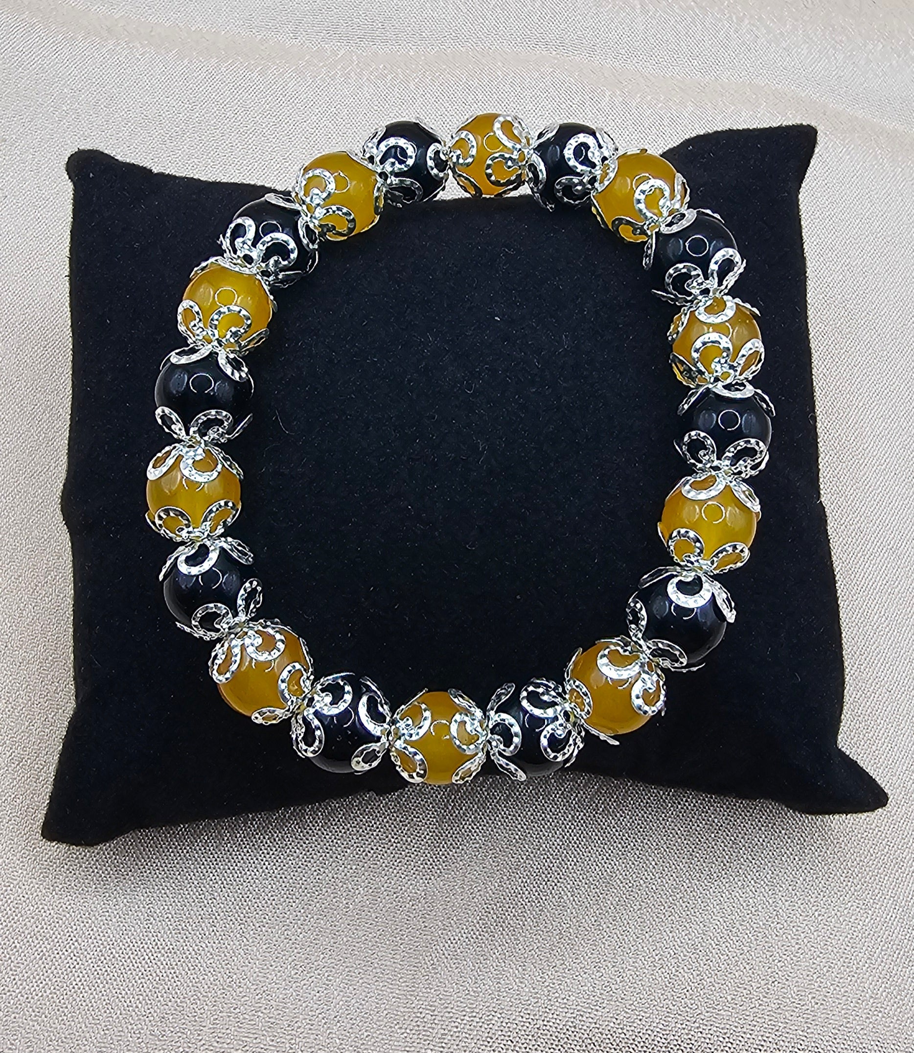Black & Amber Silver Filigree Bracelet | Gothic Beaded Stretch Bracelet | Handmade Dark Jewellery Australia