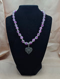 Pink Marbled Beaded Necklace | Silver Heart Butterfly Pendant | Handmade Romantic Jewellery