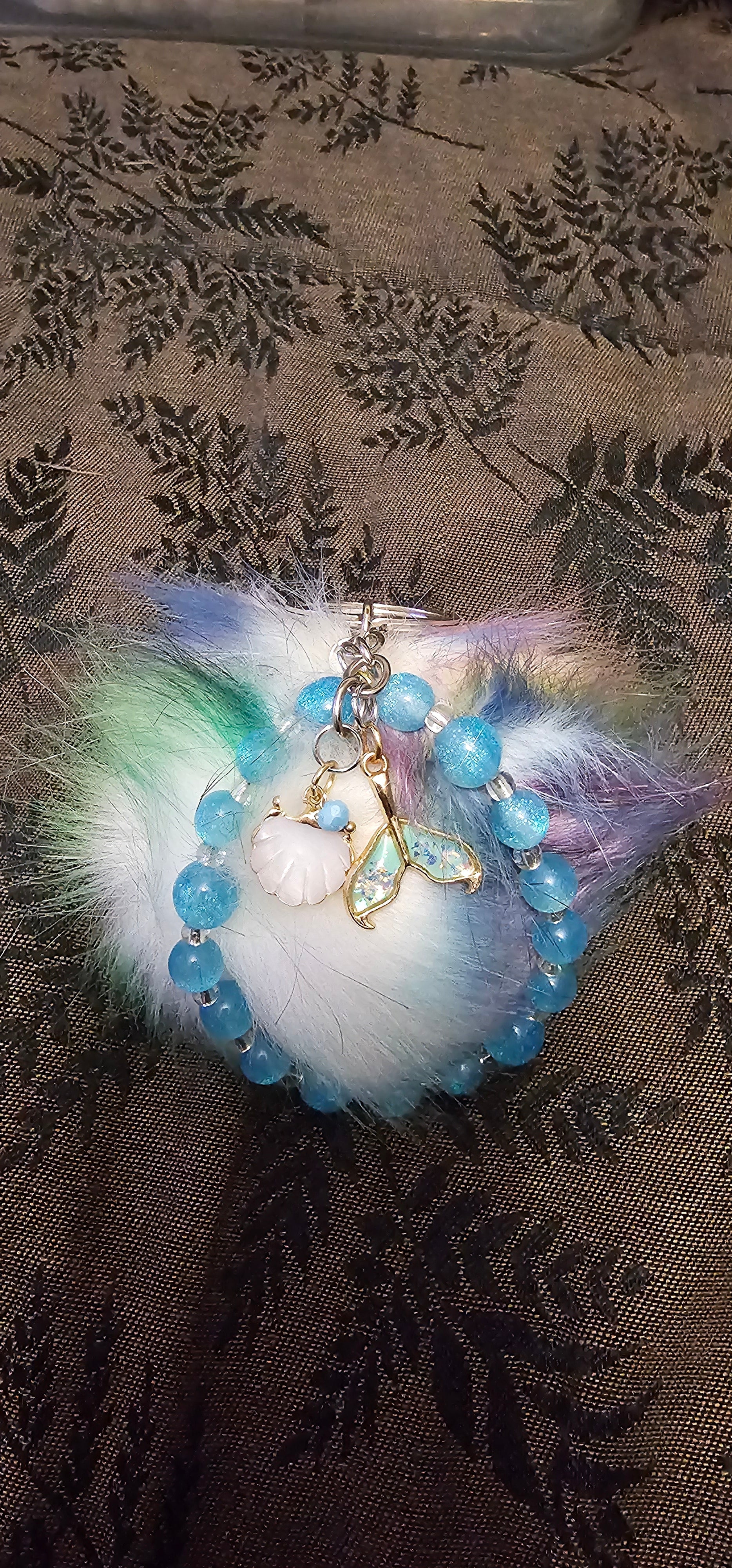 Mermaid Pom Pom Keychain | Blue Crackle Beads & Mermaid Tail Charm | Handmade Fairycore Accessory