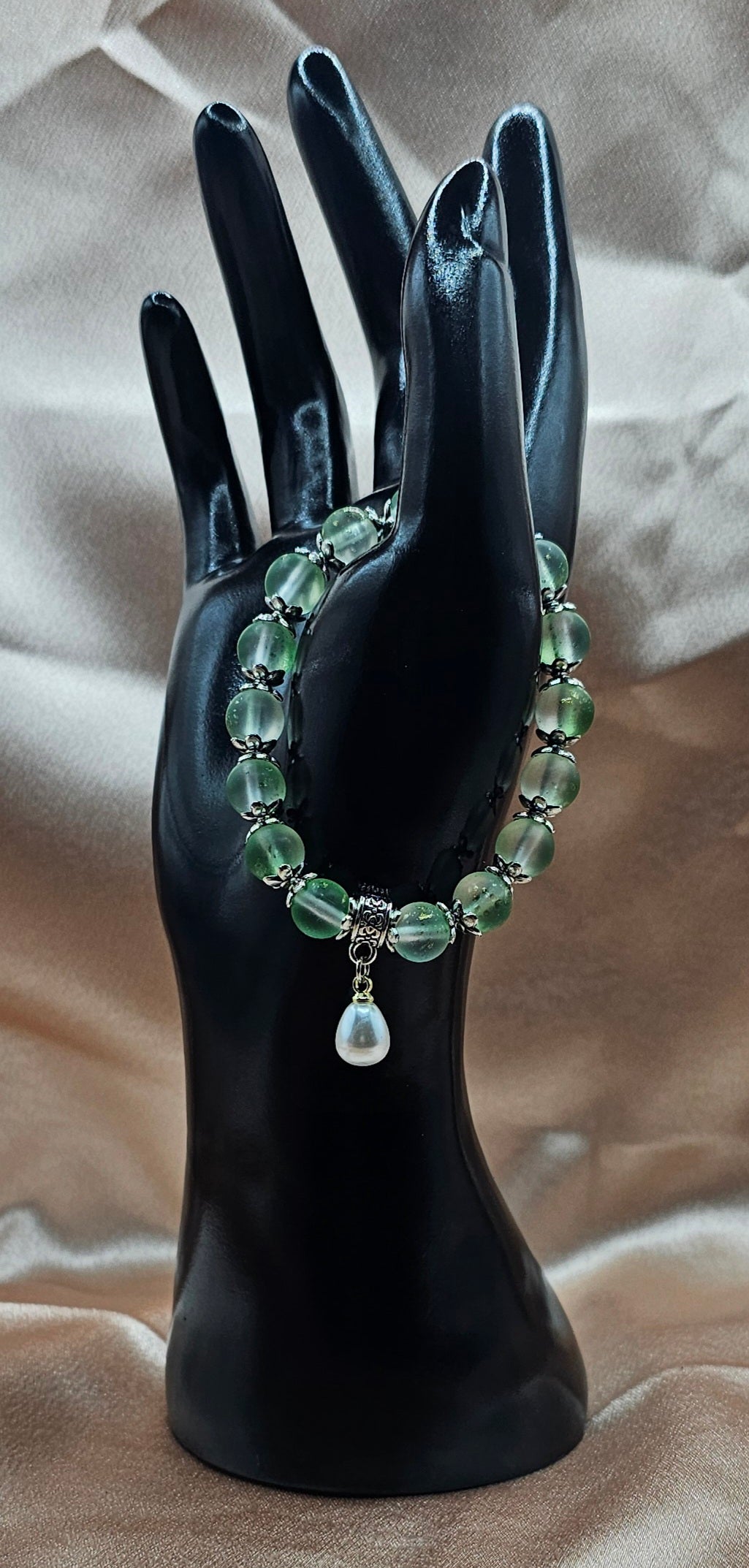 Frosted Green Aventurine Bracelet | Pearl Charm & Silver Floral Caps | Handmade Cottagecore Jewellery Australia