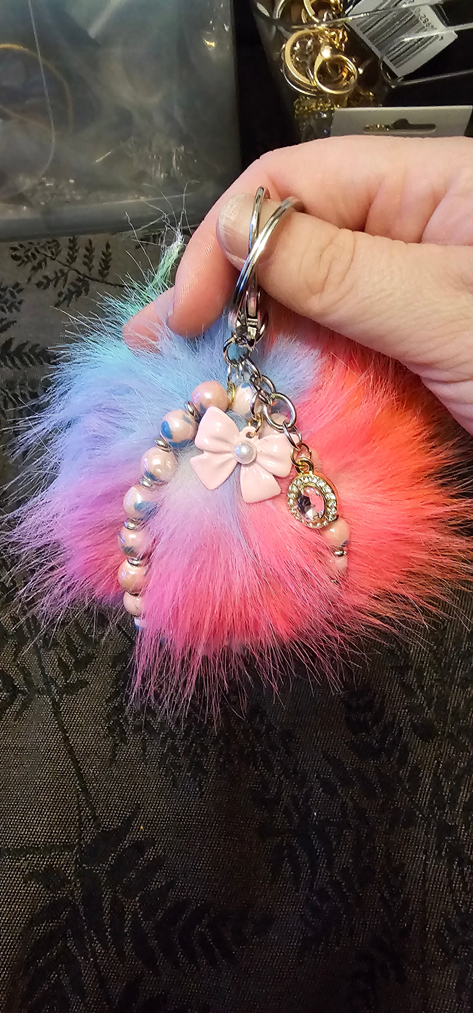 Pastel Rainbow Pom Pom Keychain | Pearl Beads, Bow & Moon Charm | Handmade Coquette Accessory