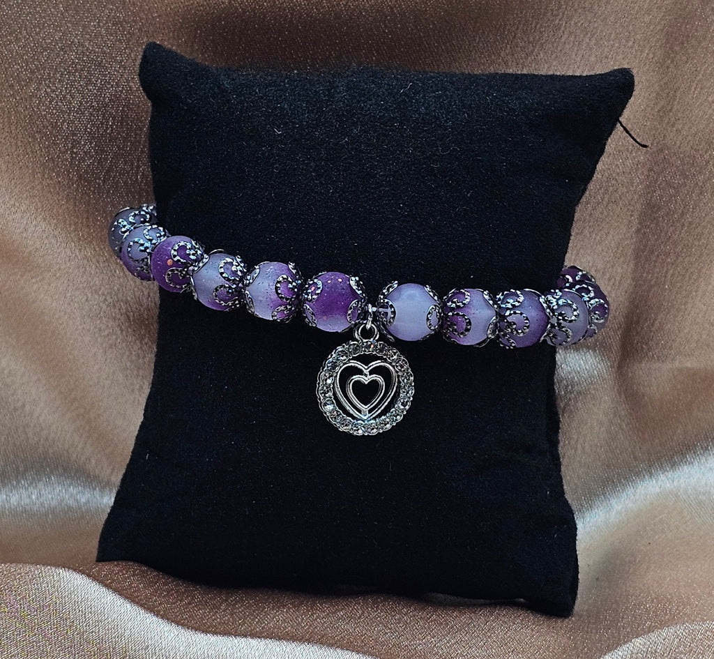 Purple Crackle Bead Bracelet | Double Heart Rhinestone Charm & Black Filigree | Handmade Soft Goth Jewellery Australia