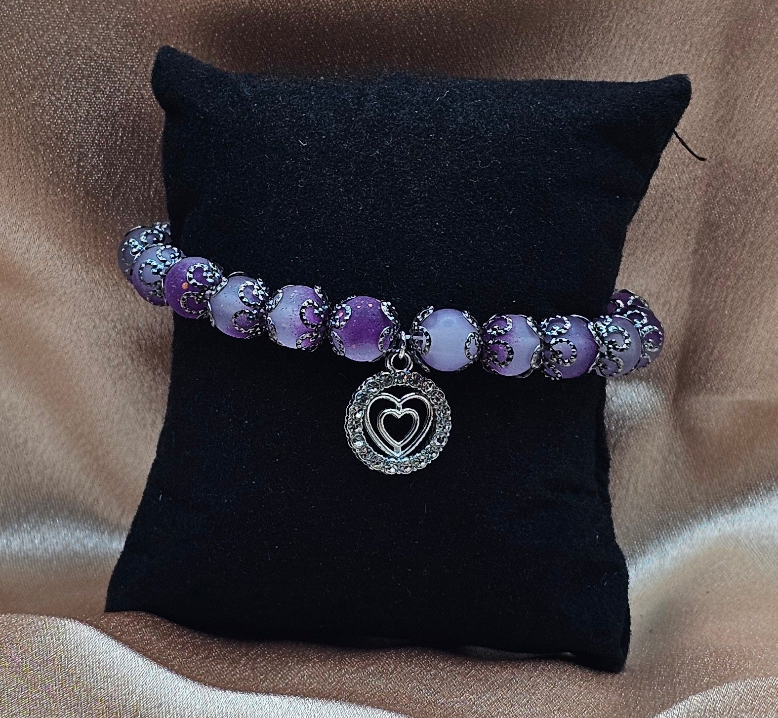 Purple Crackle Bead Bracelet | Double Heart Rhinestone Charm & Black Filigree | Handmade Soft Goth Jewellery Australia