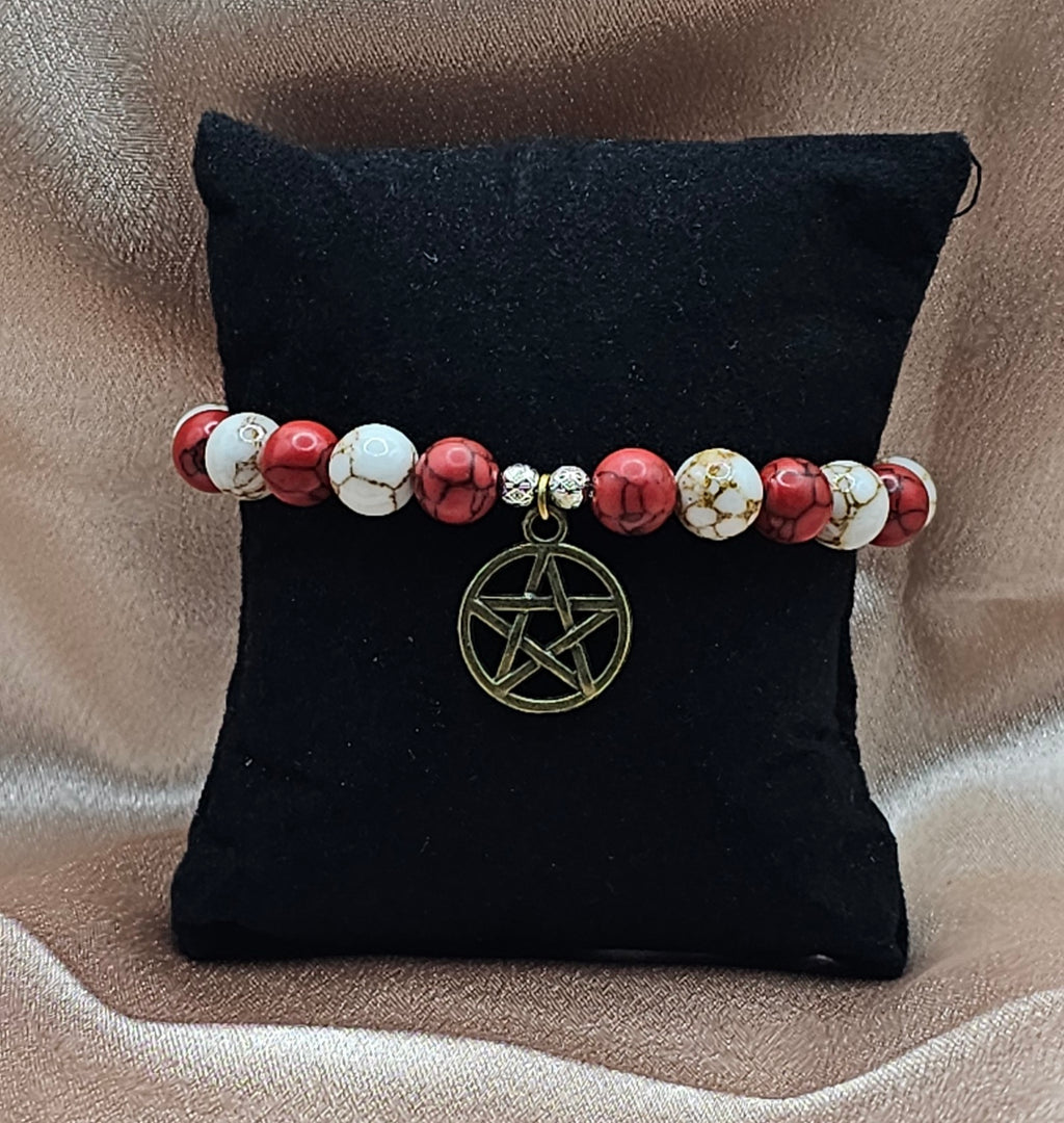 Red & White Crackle Bead Bracelet | Bronze Pentagram Charm | Handmade Witchy Jewellery Australia
