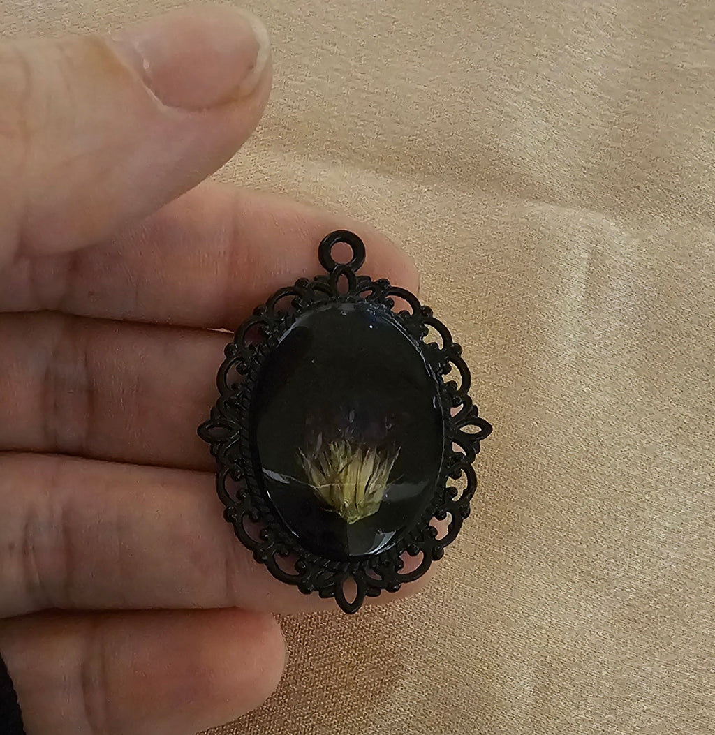 Real Dried Flower Bud Oval Resin Pendant | Black Gothic Victorian Filigree Frame | Handmade Dark Botanical Jewellery