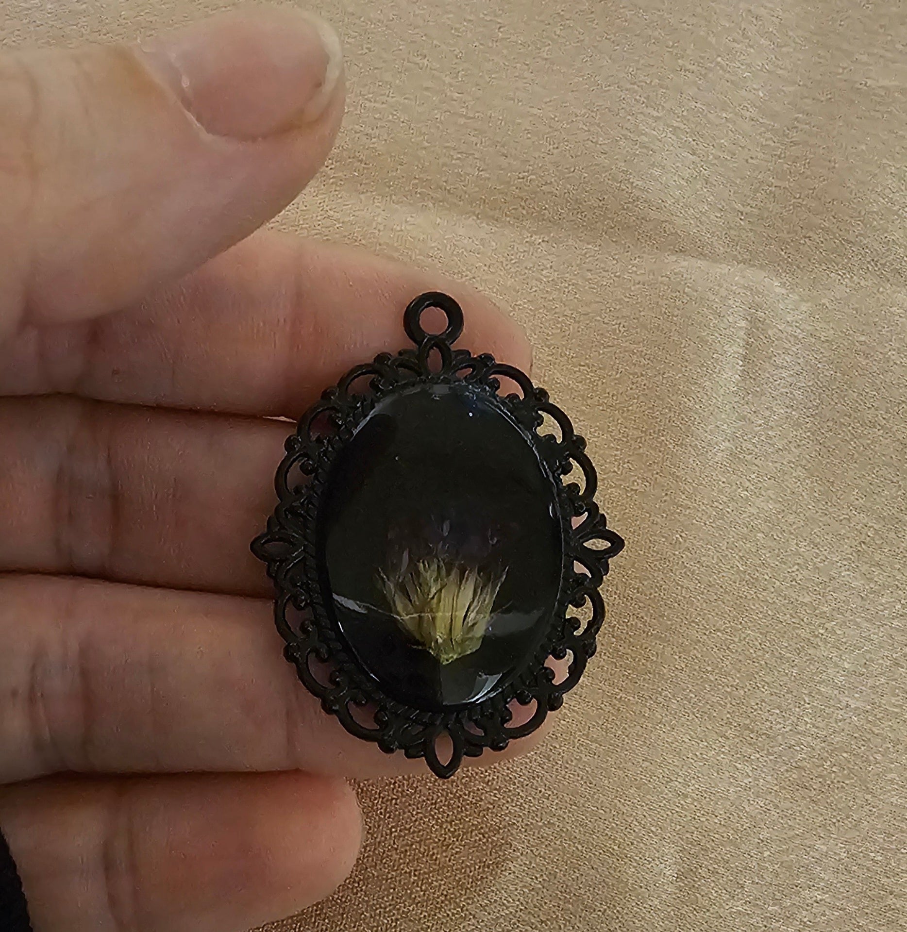 Real Dried Flower Bud Oval Resin Pendant | Black Gothic Victorian Filigree Frame | Handmade Dark Botanical Jewellery