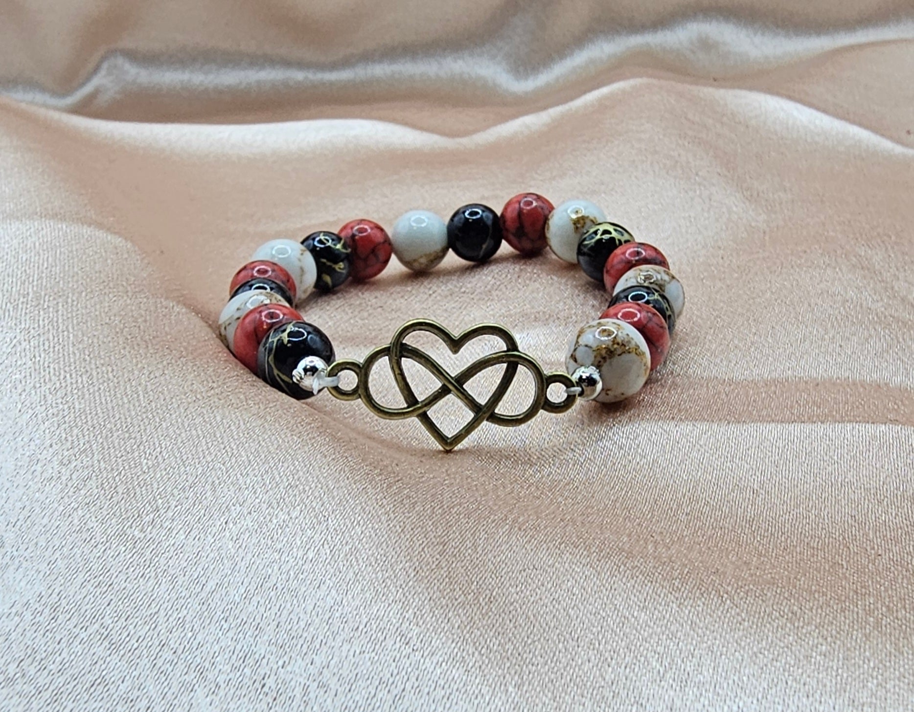 Red Black & White Marble Beaded Bracelet | Antique Bronze Infinity Heart Charm | Handmade Dark Romance Jewellery Australia