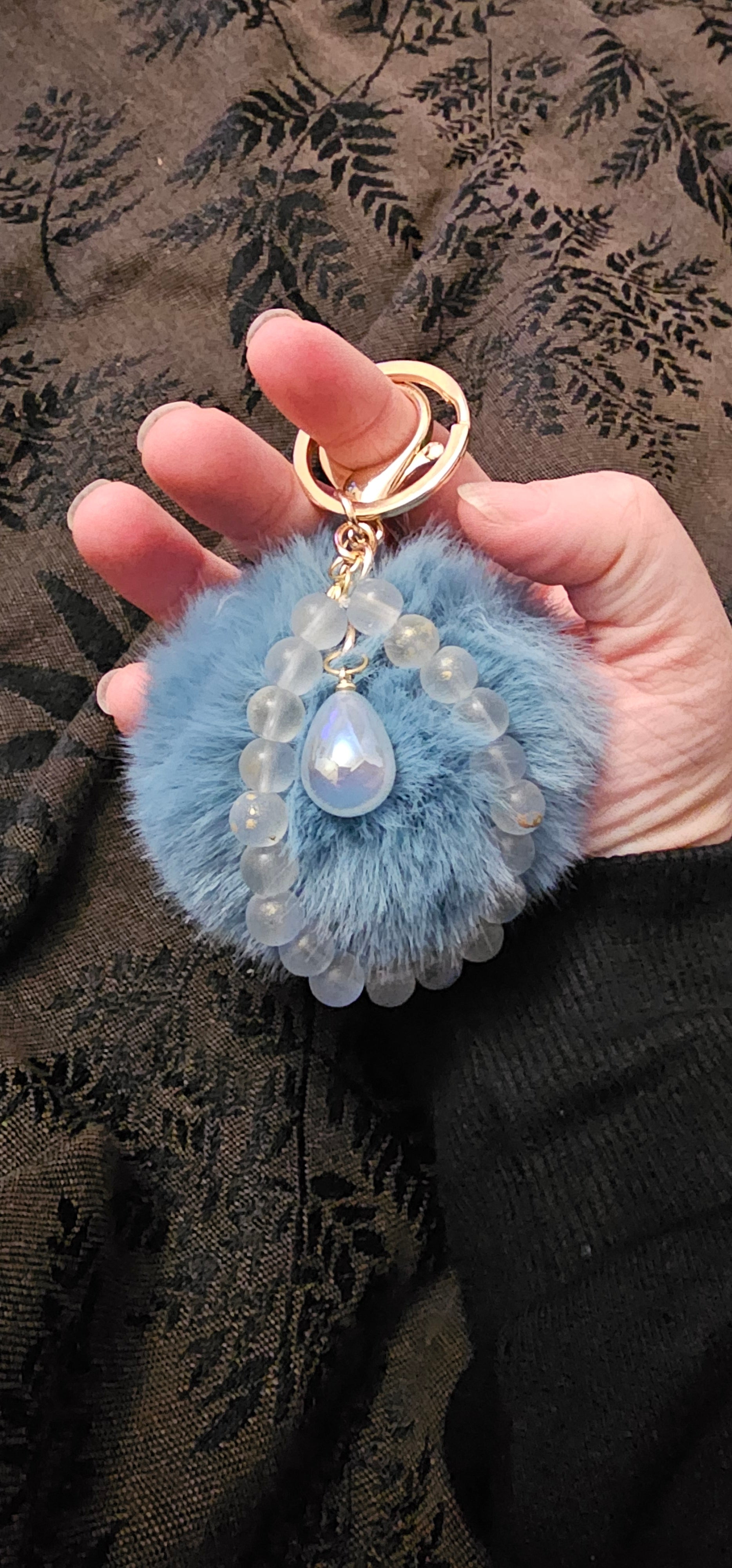 Blue Pom Pom Beaded Keychain | Frosted Bead & Iridescent Teardrop | Handmade Coquette Accessory