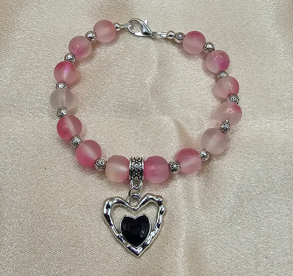 Frosted Pink Beaded Bracelet | Black & Silver Heart Charm | Handmade Soft Goth Jewellery Australia