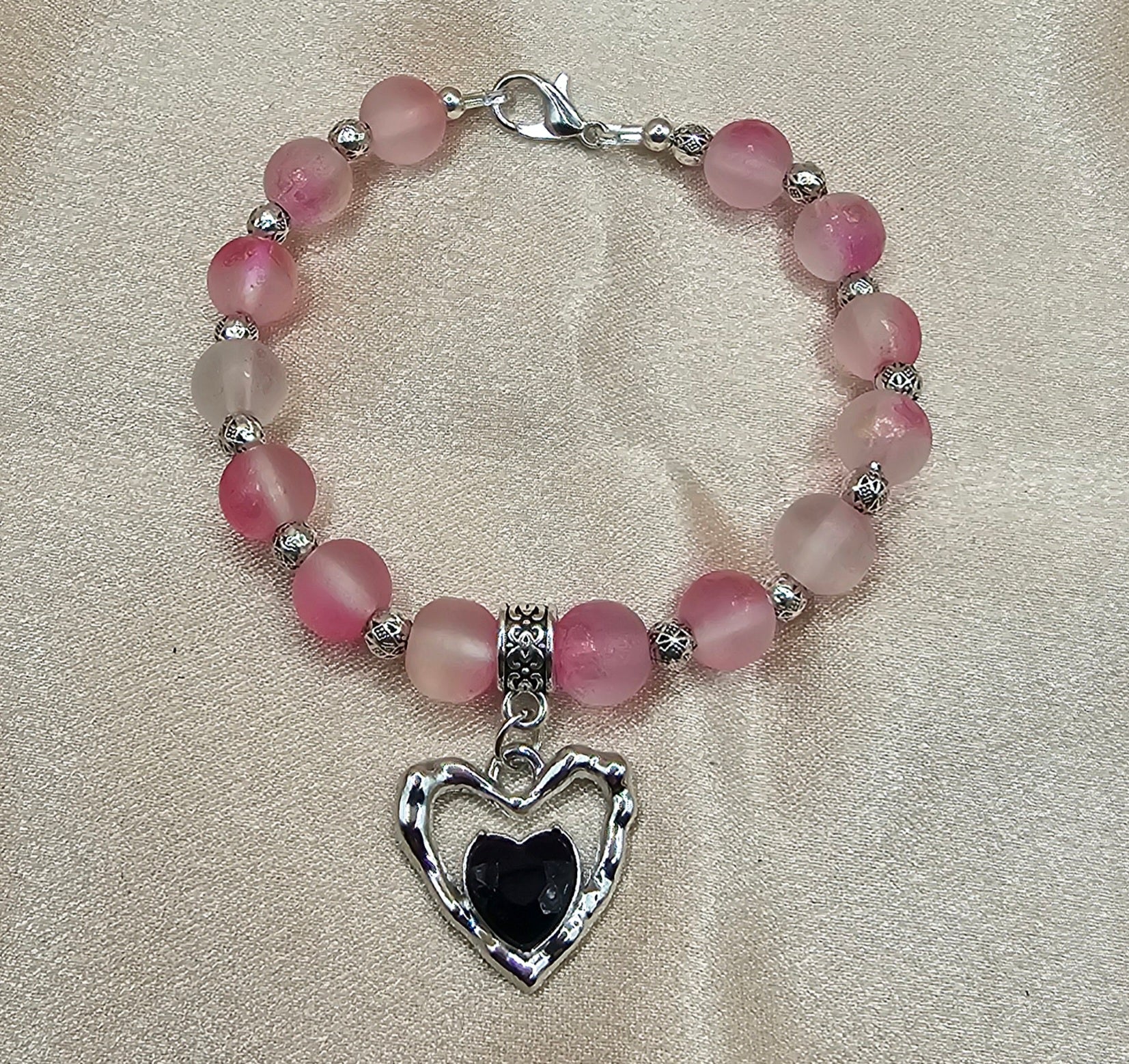 Frosted Pink Beaded Bracelet | Black & Silver Heart Charm | Handmade Soft Goth Jewellery Australia