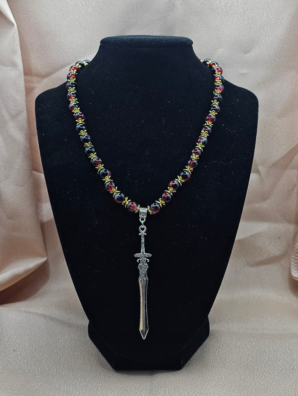 Red & Black Beaded Necklace | Gothic Sword Pendant | Handmade Dark Fantasy Jewellery