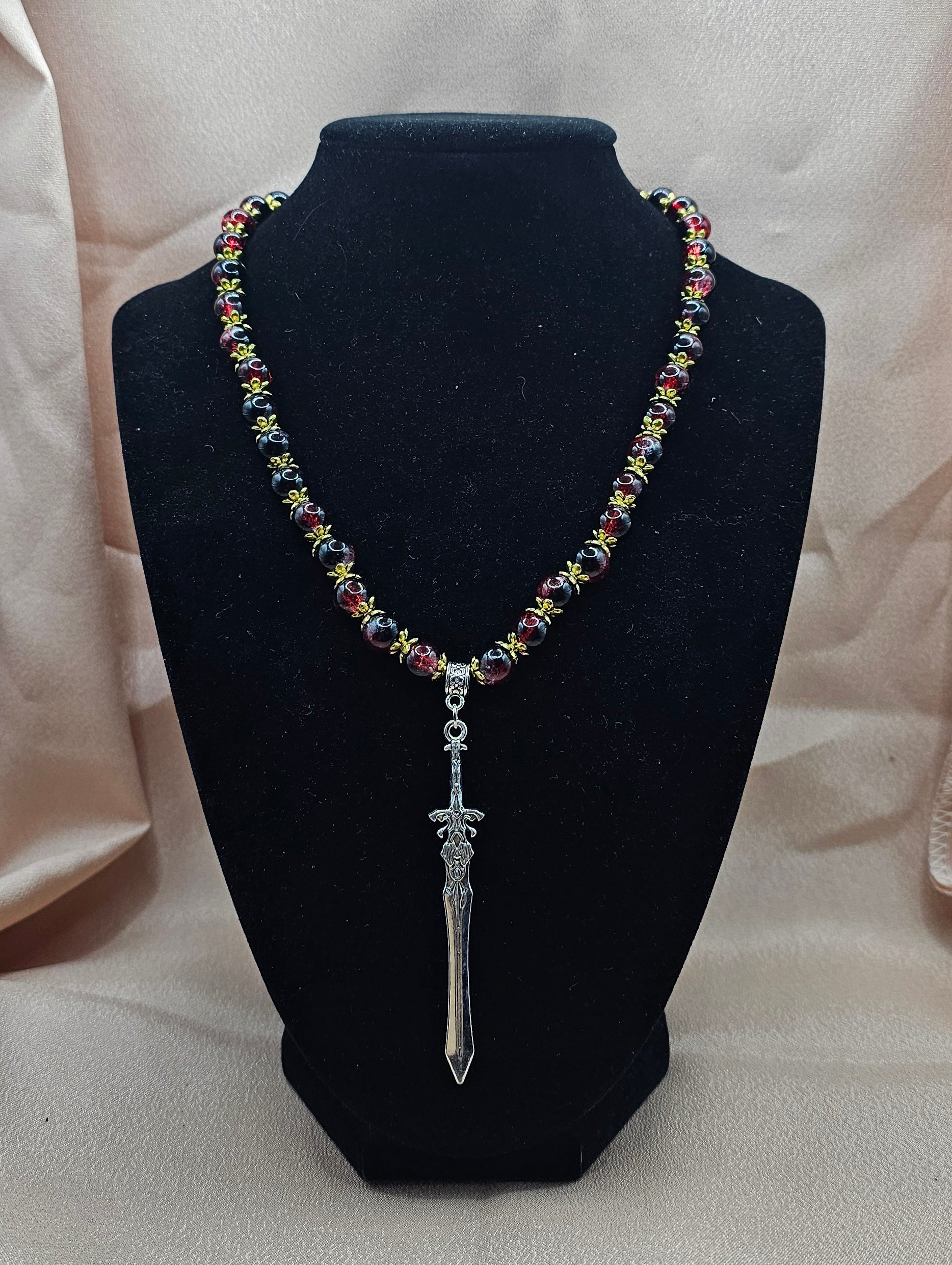 Red & Black Beaded Necklace | Gothic Sword Pendant | Handmade Dark Fantasy Jewellery