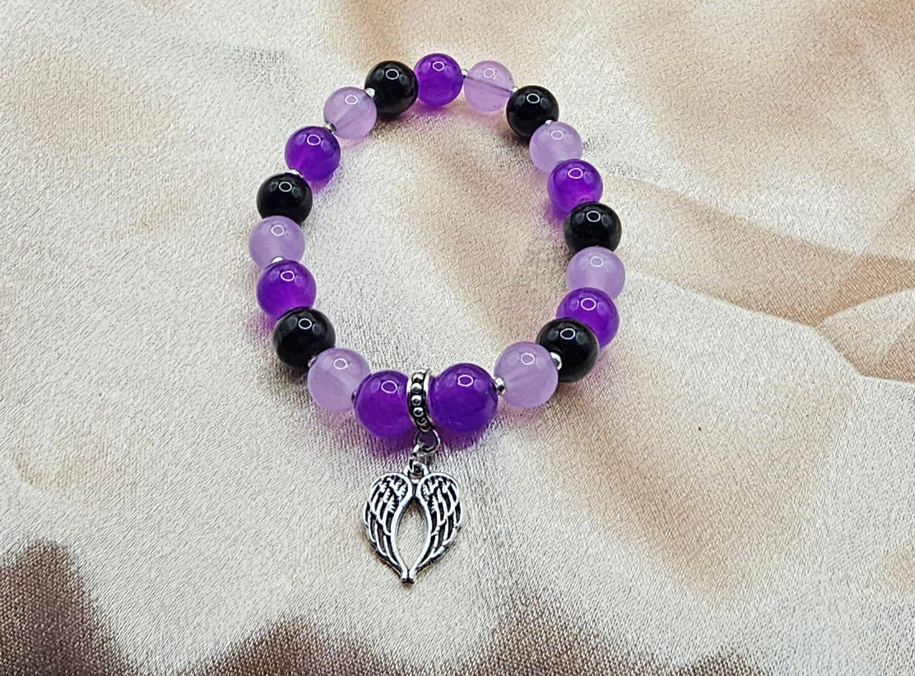 Purple & Black Beaded Bracelet | Silver Angel Wing Charm | Handmade Dark Coquette Angelcore Jewellery Australia