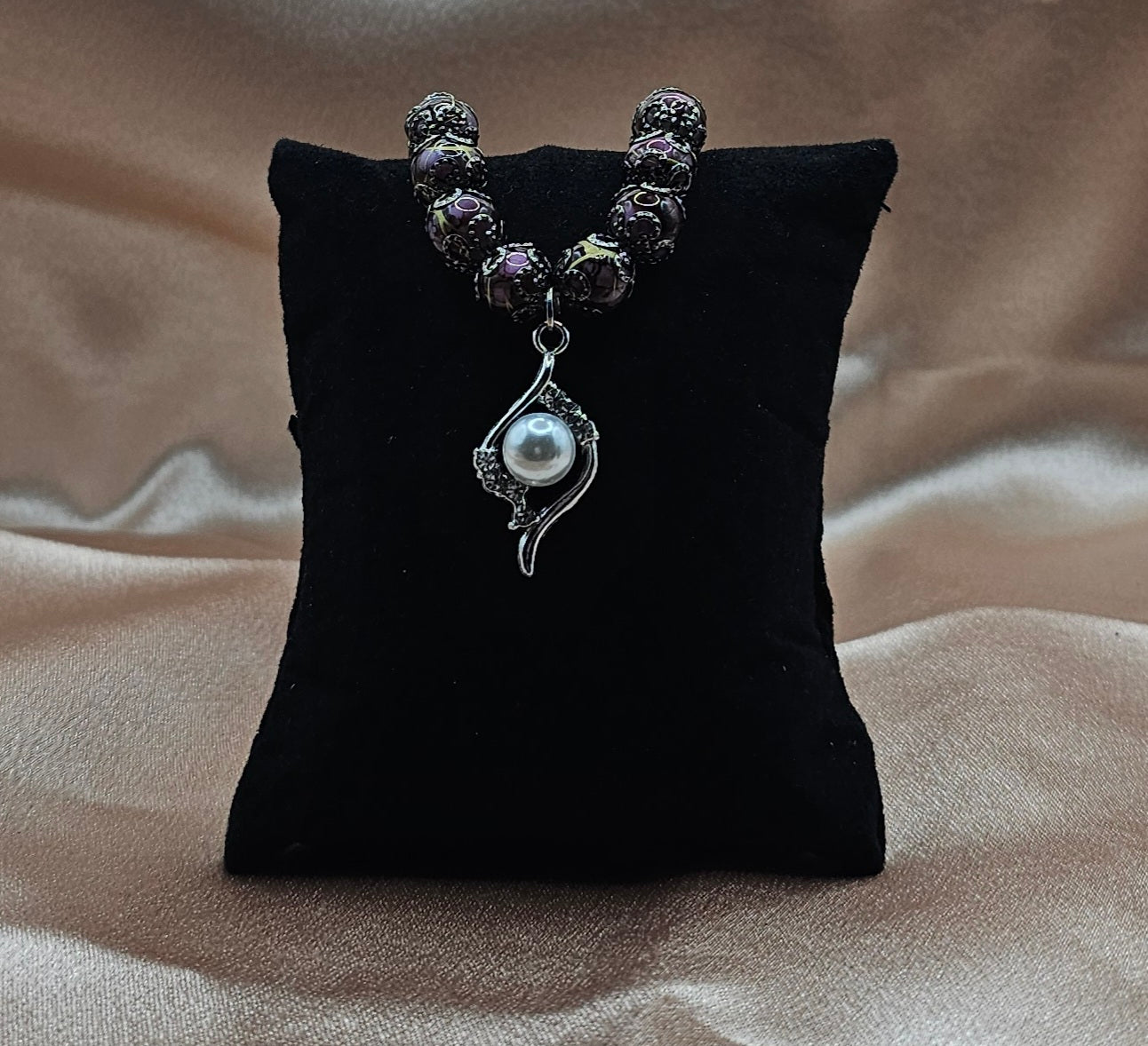 Cloisonne Bead Bracelet | Pearl Charm & Dark Filigree | Handmade Dark Romantic Jewellery Australia