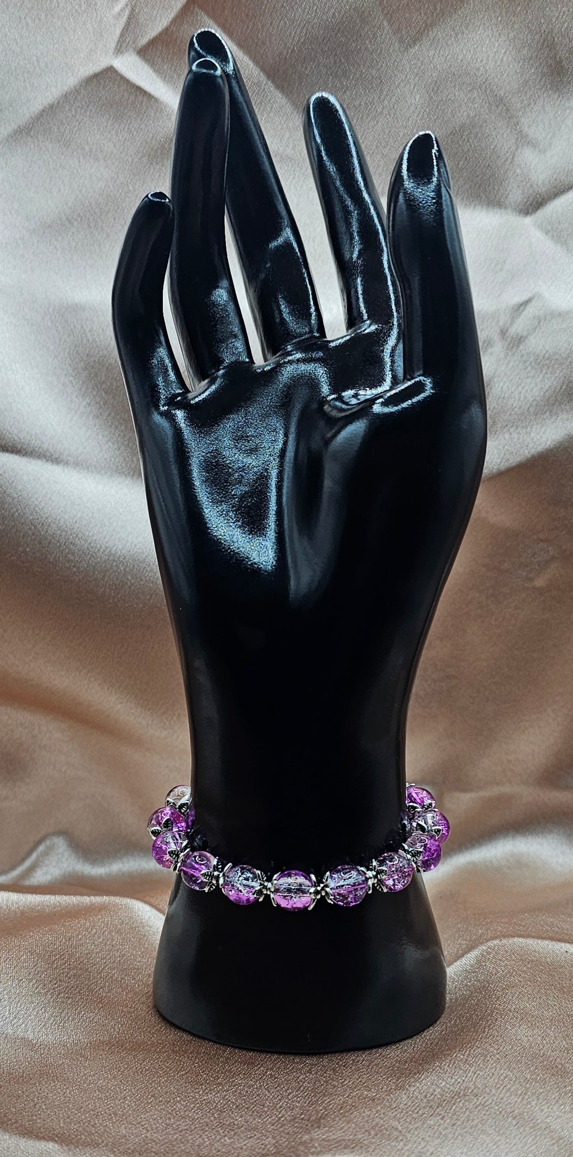 Pink Crackle Glass Beaded Bracelet | Silver Floral Caps | Handmade Fairycore Jewellery Australia