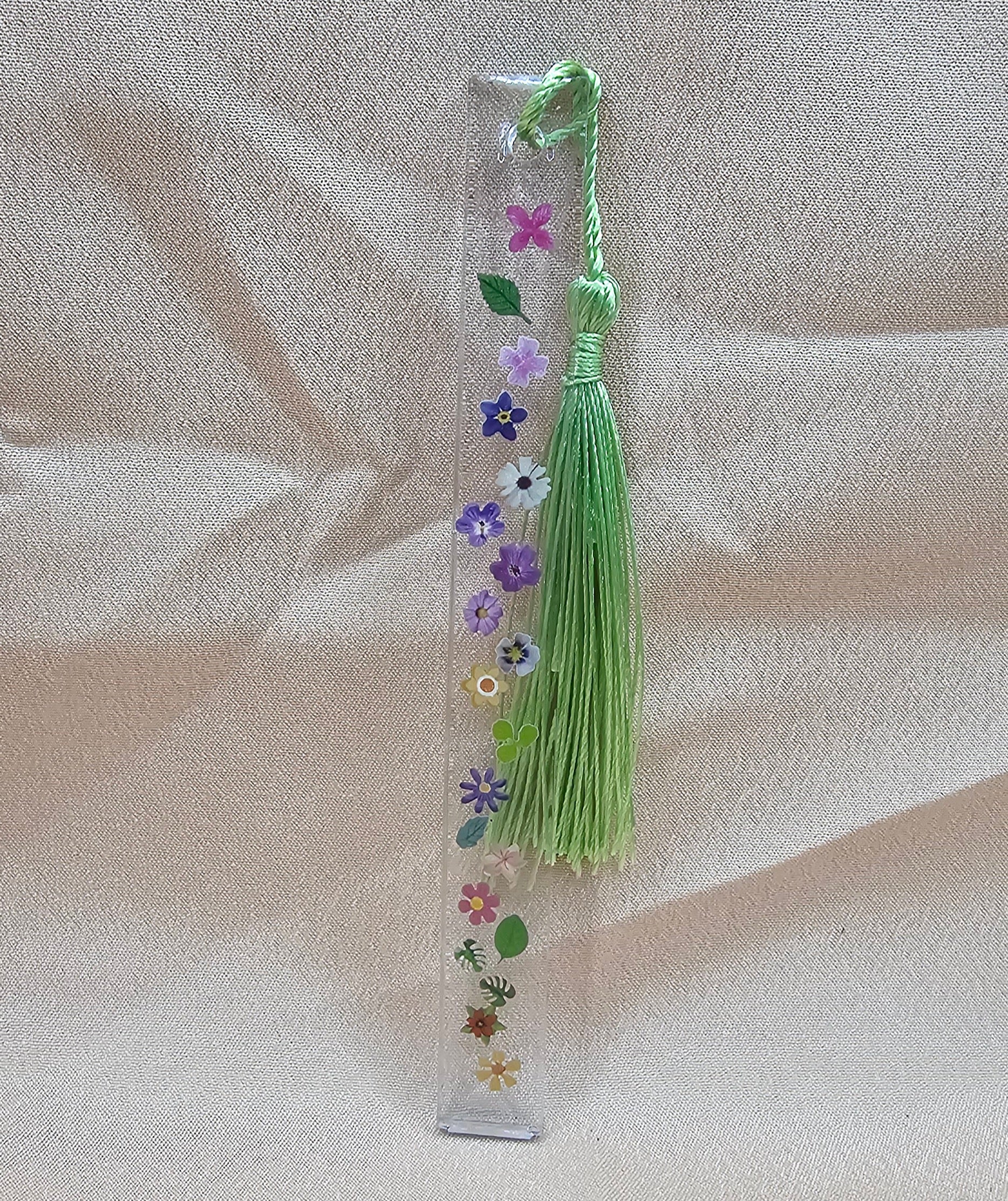 Colourful Floral Resin Bookmark | Mixed Flowers & Leaves in Clear Resin with Sage Green Tassel | Cottagecore Fairycore Gift Australia