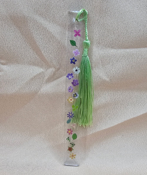 Colourful Floral Resin Bookmark | Mixed Flowers & Leaves in Clear Resin with Sage Green Tassel | Cottagecore Fairycore Gift Australia
