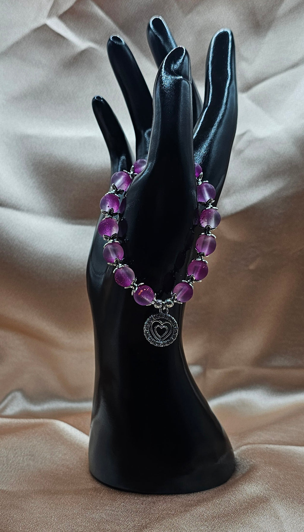 Frosted Pink Bracelet | Double Heart Rhinestone Charm & Silver Filigree | Handmade Coquette Jewellery Australia