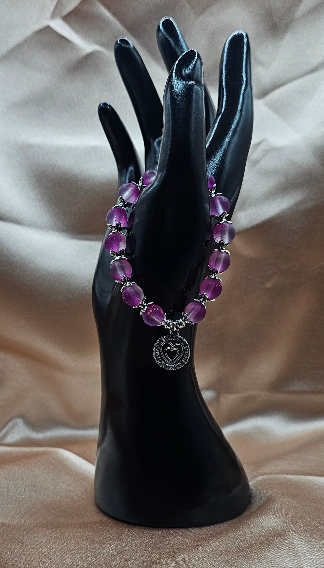 Frosted Pink Bracelet | Double Heart Rhinestone Charm & Silver Filigree | Handmade Coquette Jewellery Australia