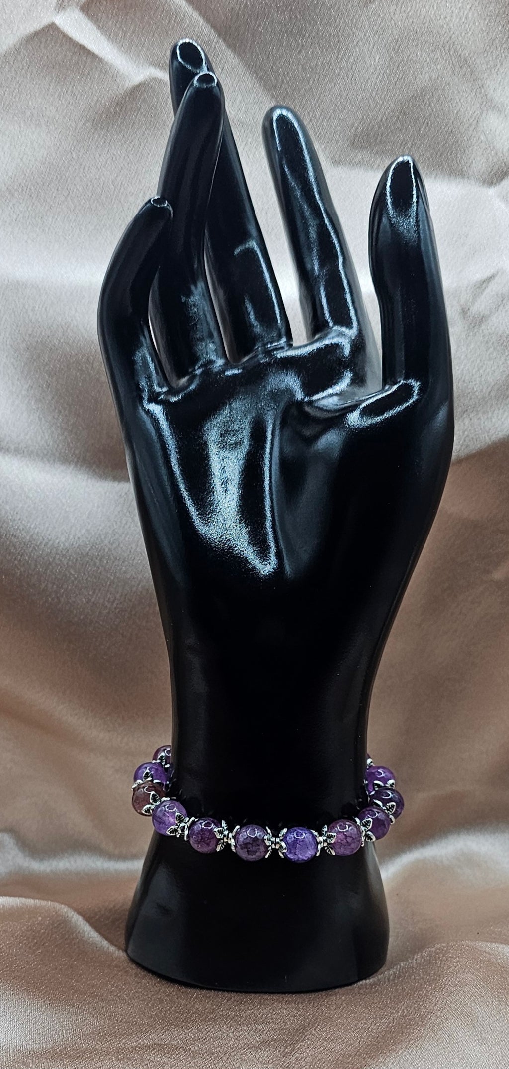 Purple Plum Crackle Agate Bracelet | Silver Floral Caps | Handmade Witchy Cottagecore Jewellery Australia