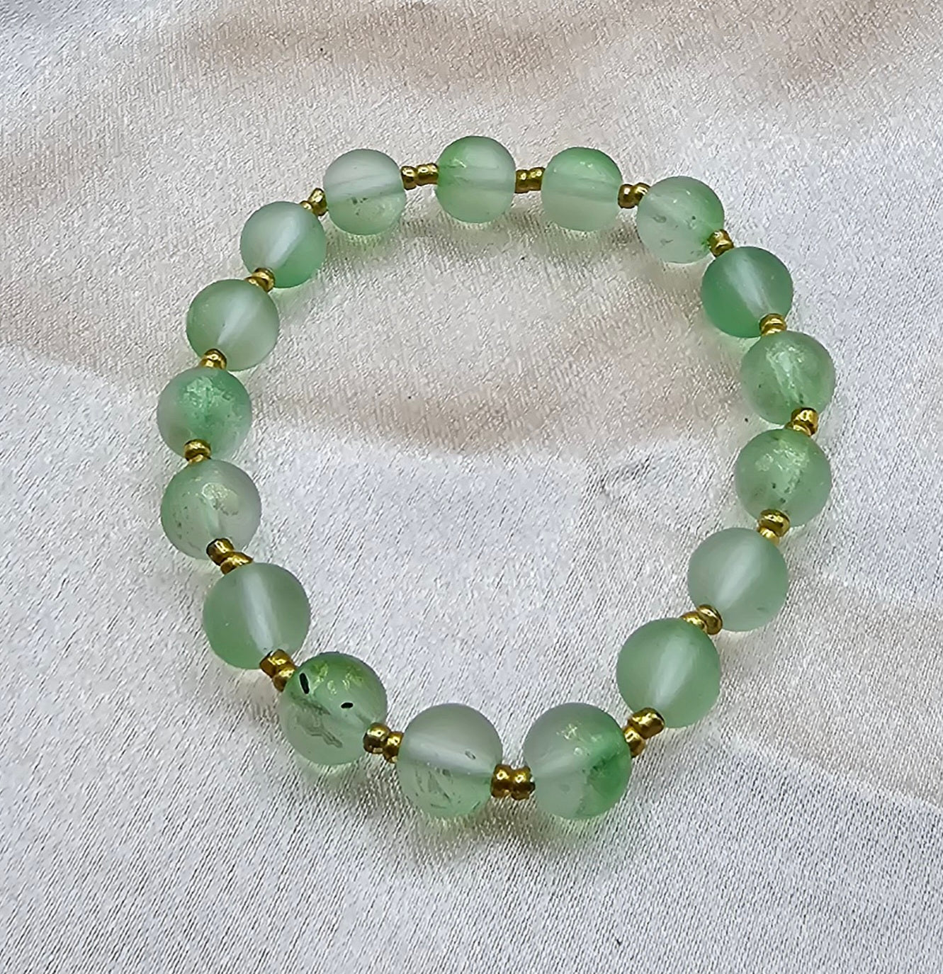 Frosted Green Beaded Bracelet | Gold Accent Spacers | Handmade Fairycore Nature Jewellery Australia