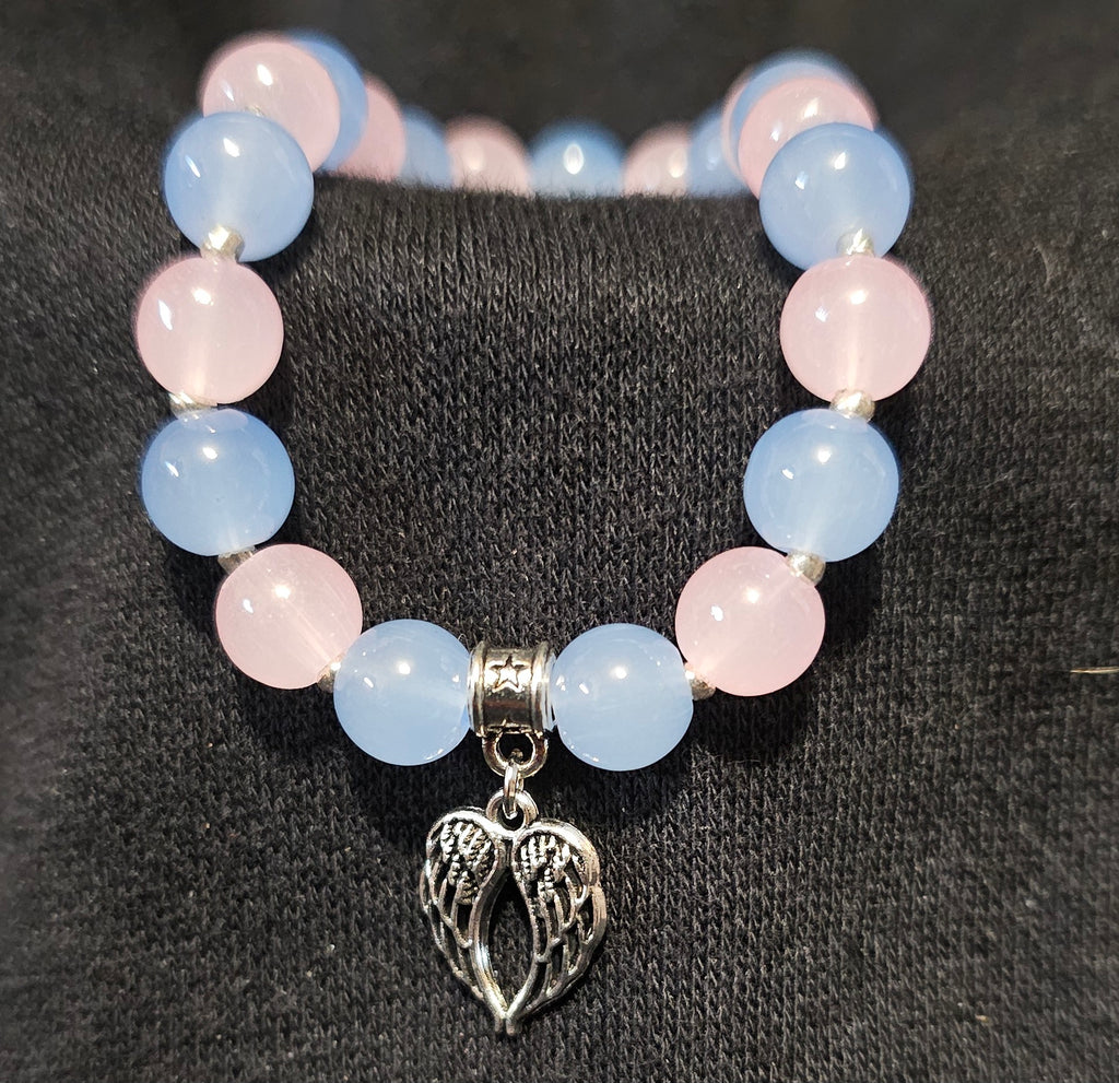 Blue & Pink Beaded Bracelet | Silver Angel Wing Charm | Handmade Angelcore Spiritual Jewellery Australia