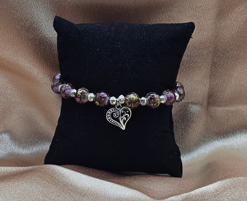Marbled Beaded Bracelet | Brown & Pink with Silver Heart Charm | Handmade Romantic Jewellery Australia