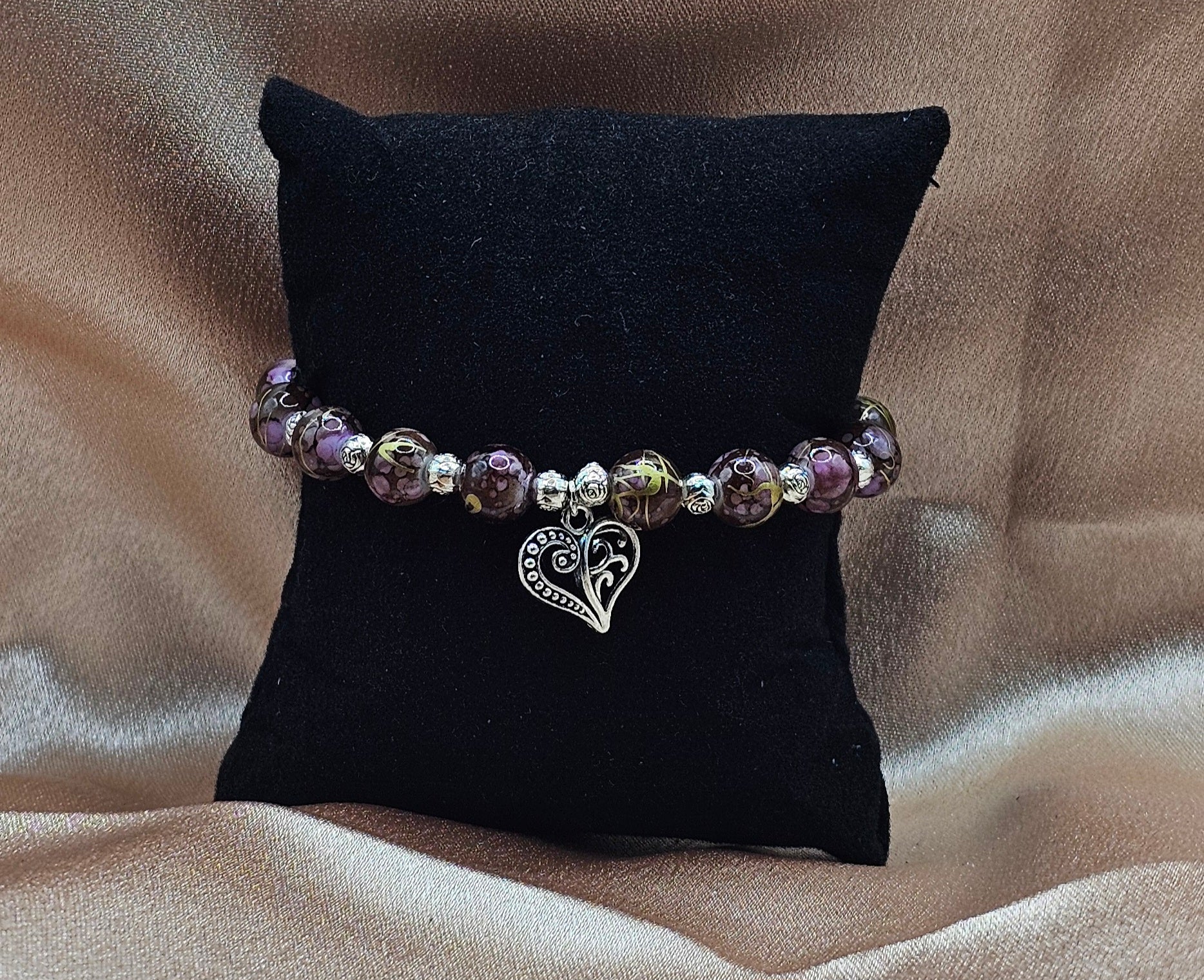Marbled Beaded Bracelet | Brown & Pink with Silver Heart Charm | Handmade Romantic Jewellery Australia