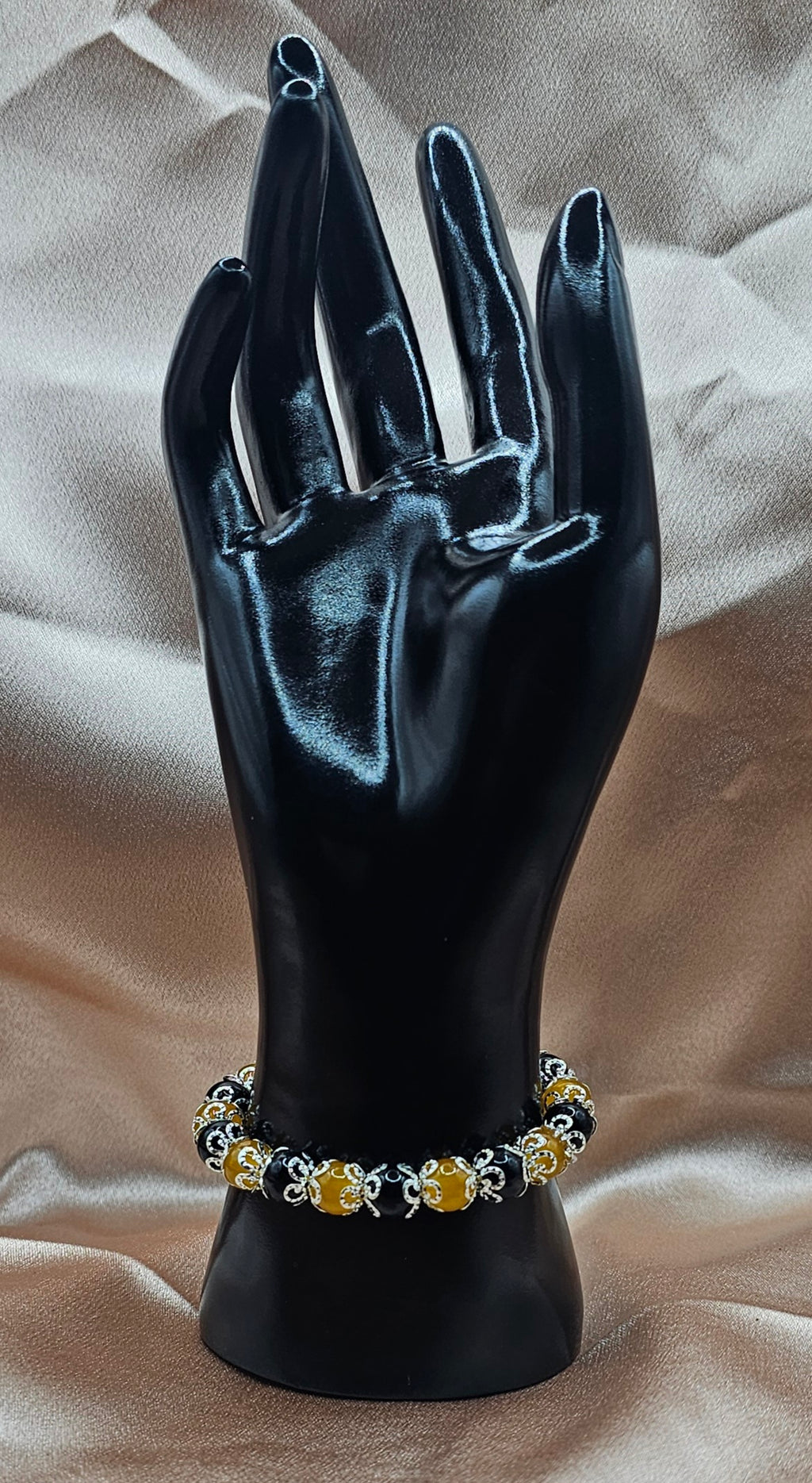 Black & Amber Silver Filigree Bracelet | Gothic Beaded Stretch Bracelet with Ornate Silver Accents | Handmade Dark Jewellery Australia