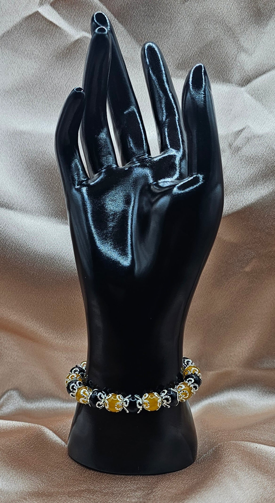 Black & Amber Silver Filigree Bracelet | Gothic Beaded Stretch Bracelet with Ornate Silver Accents | Handmade Dark Jewellery Australia