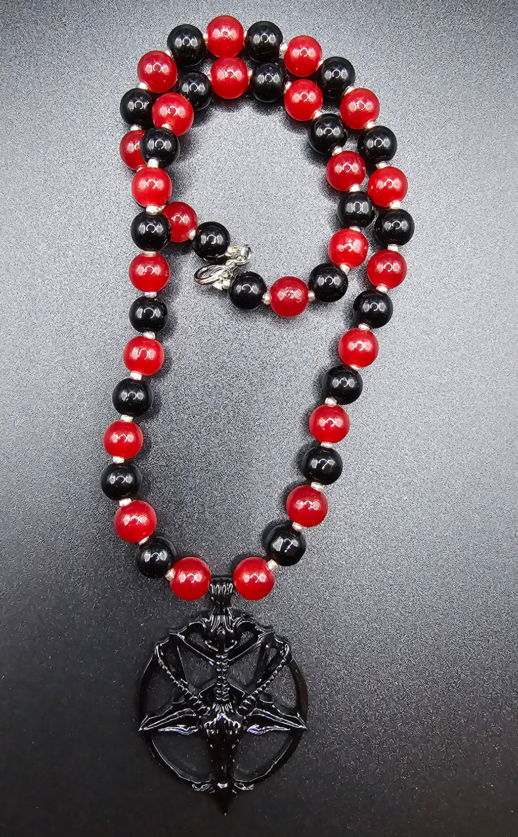 Handmade red and black beaded gothic necklace with occult goat pendant, alt jewellery Australia