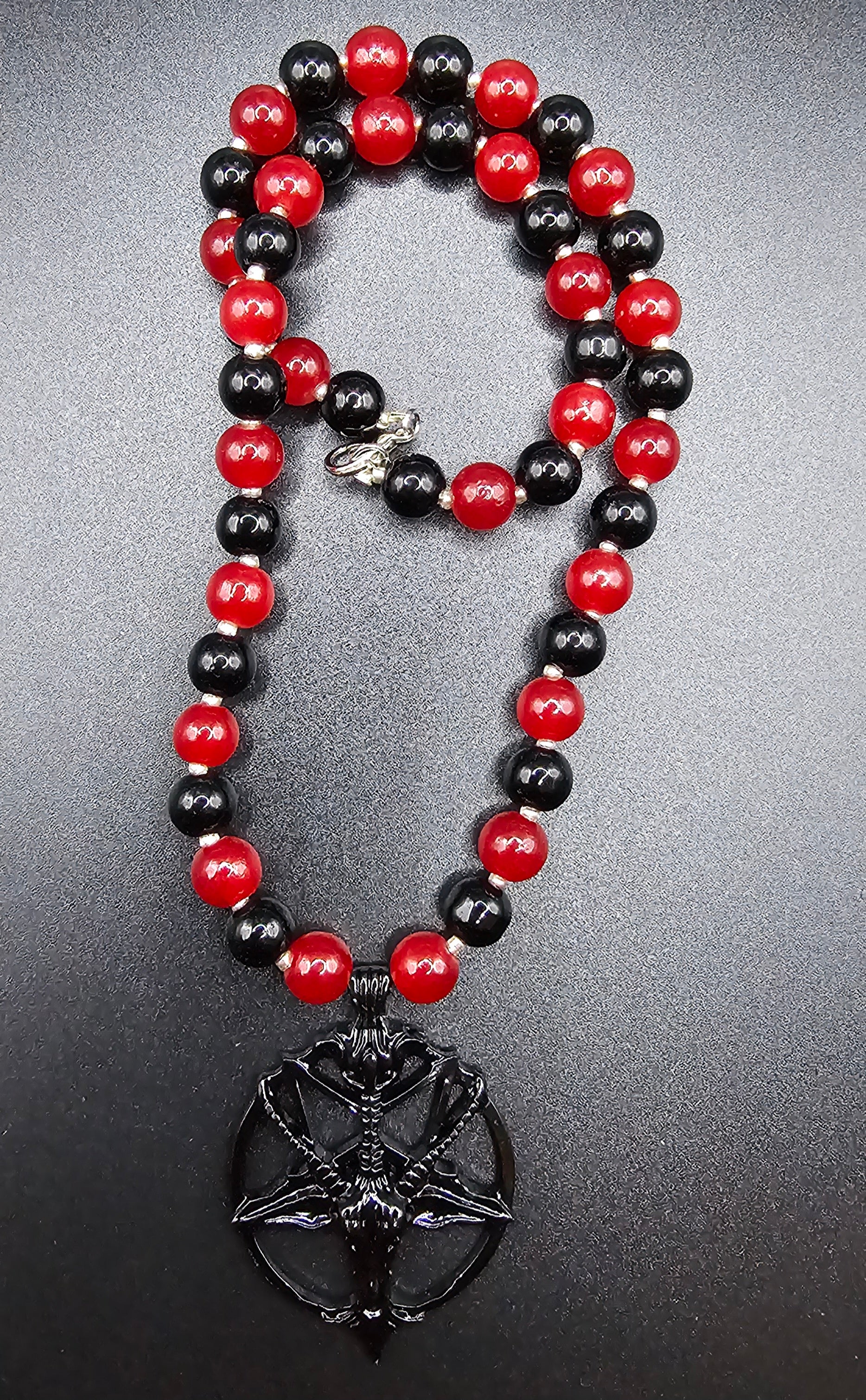 Handmade red and black beaded gothic necklace with occult goat pendant, alt jewellery Australia