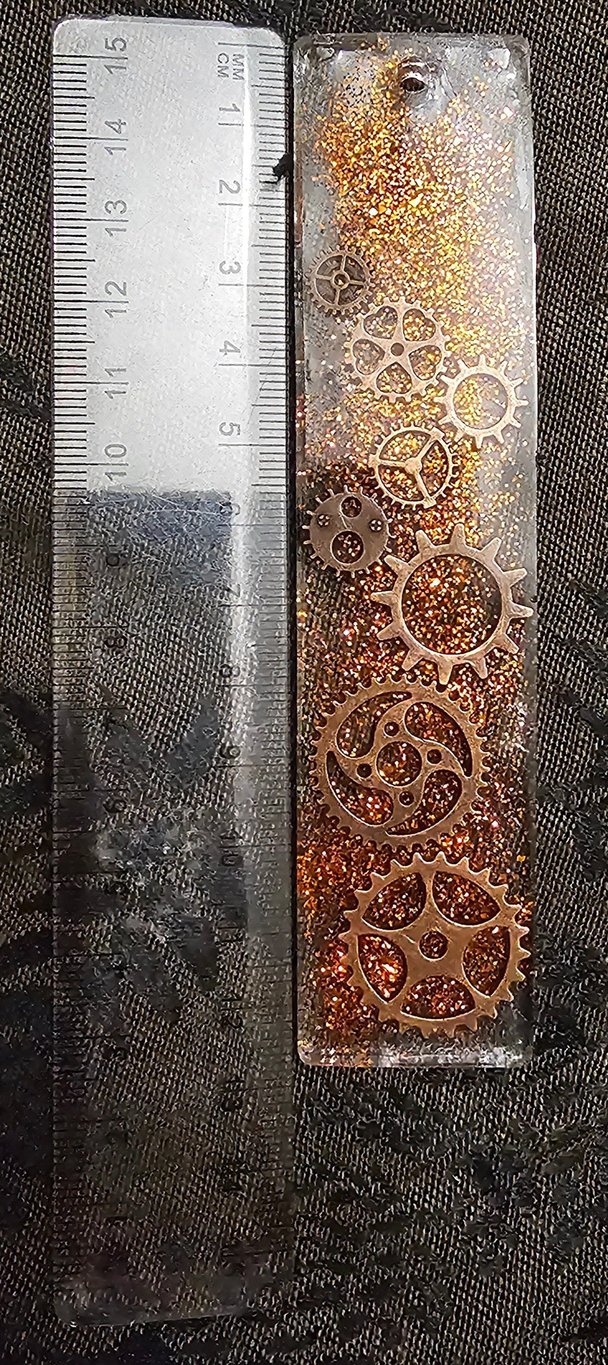 Steampunk Gear Resin Bookmark | Copper Glitter & Bronze Charms | Red Tassel | Handmade Gothic Gift Australia