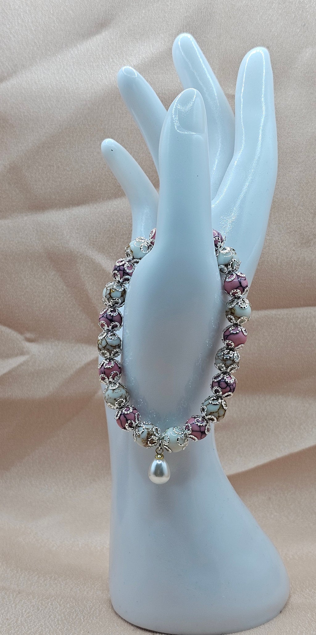 Handmade pink crackle quartz bracelet with pearl charm and silver filigree, coquette jewellery Australia