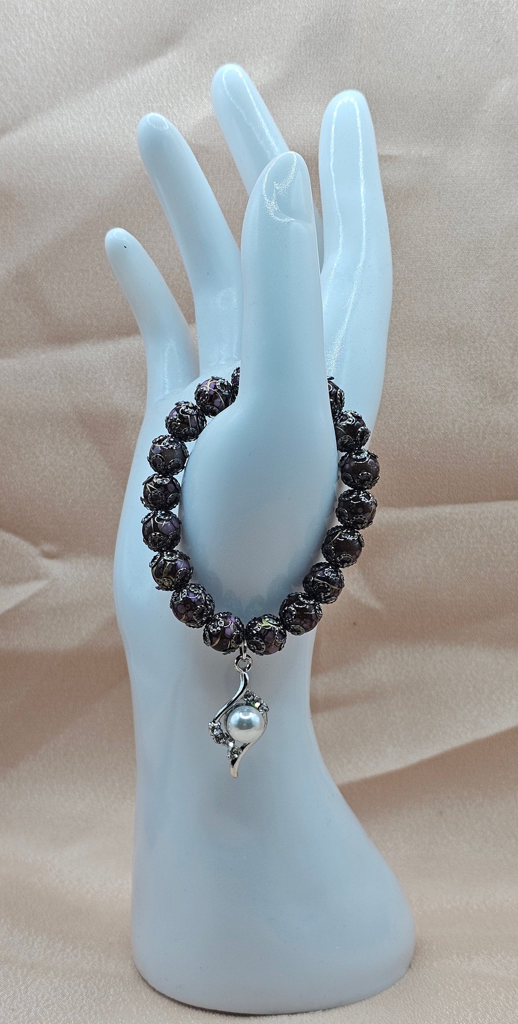 Handmade dark romantic beaded bracelet with cloisonne beads, pearl charm and dark filigree, Adelaide Australia