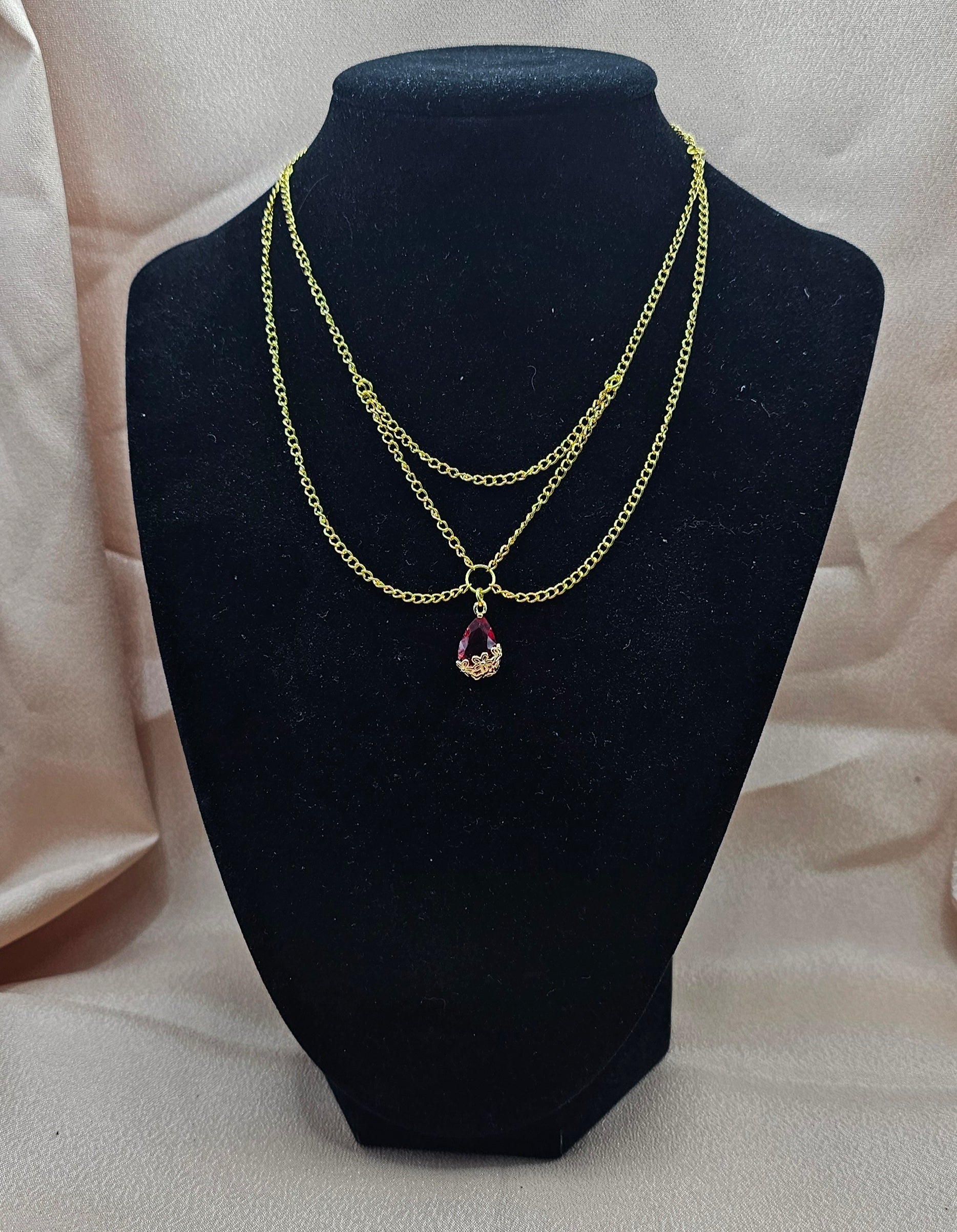 Red Teardrop Layered Necklace | Gold Triple Chain | Handmade Dark Romantic