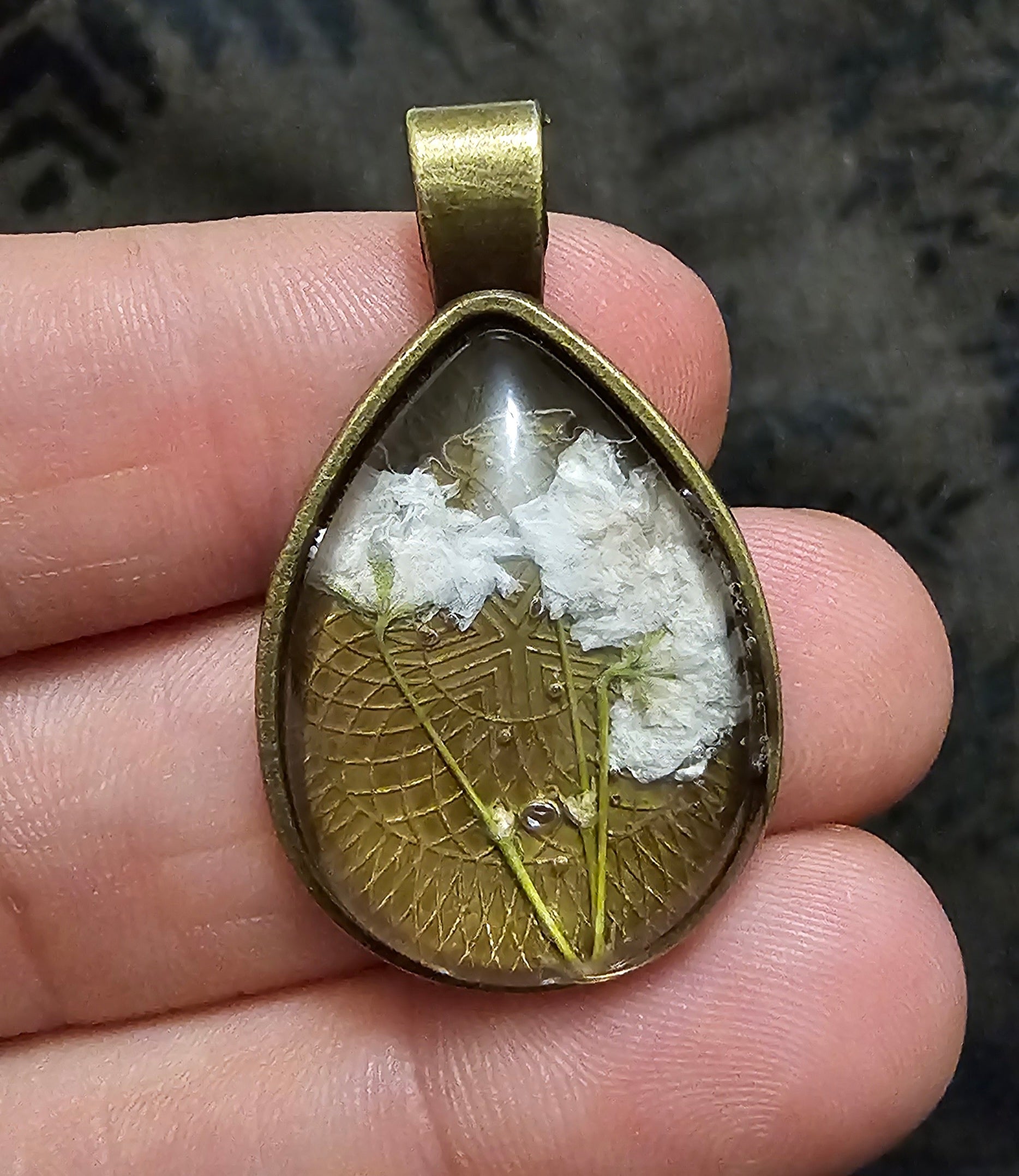 Bronze Teardrop Resin Pendant | Real Baby's Breath Flowers | Handmade Cottagecore Gothic Jewellery