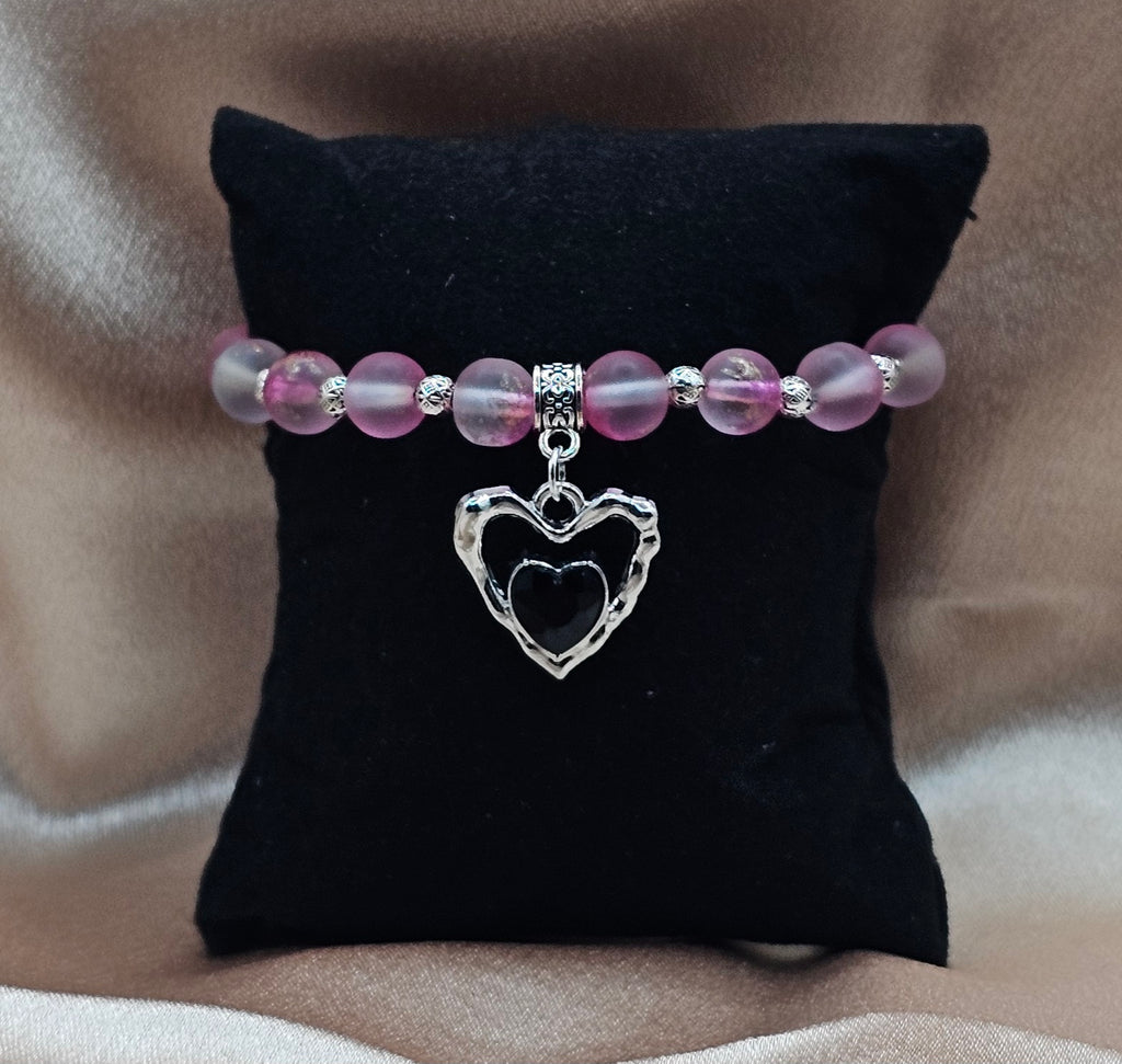 Frosted Pink Beaded Bracelet | Black & Silver Heart Charm | Handmade Soft Goth Jewellery Australia