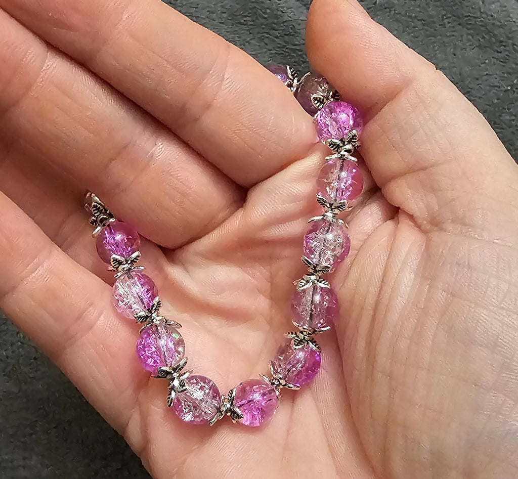 Pink Crackle Glass Beaded Bracelet | Silver Floral Caps | Handmade Fairycore Jewellery Australia